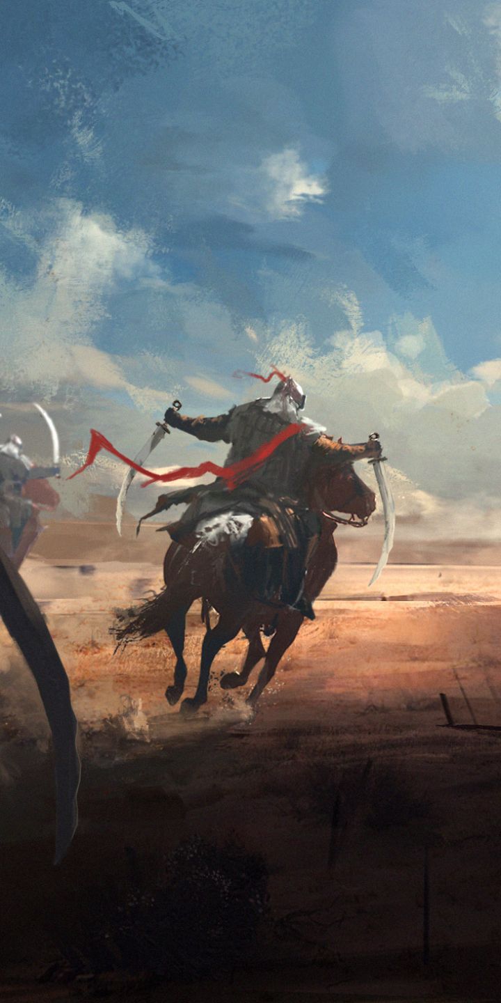 720x1440 Phone wallpaper: Fantasy, Warrior, Desert, Sword, Horse 1334066