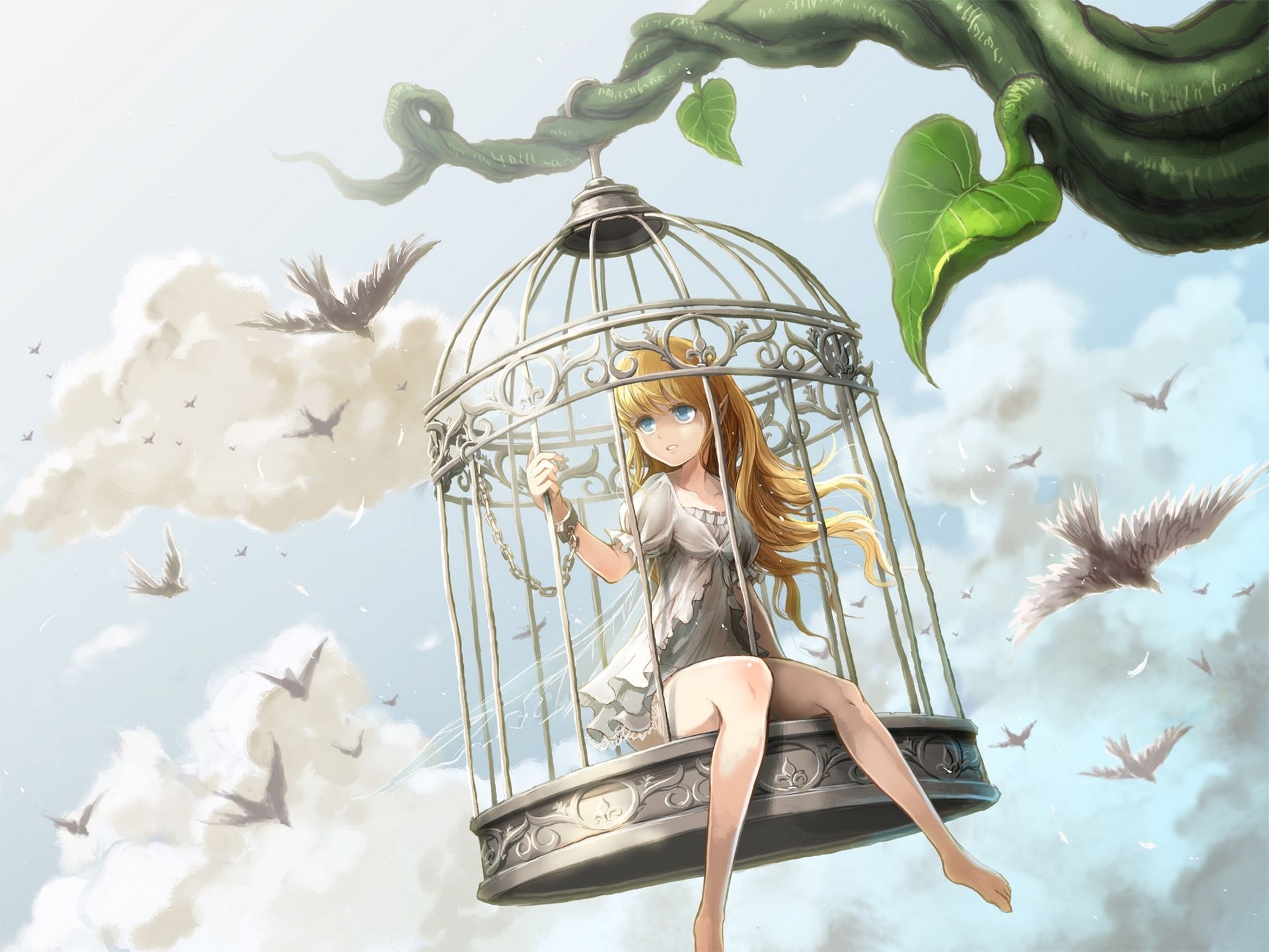 1920x1441 Wallpaper the sky, girl, clouds, bird, wings, cell, anime, art for mobile and desktop, section прочее, resolution 1920x1441