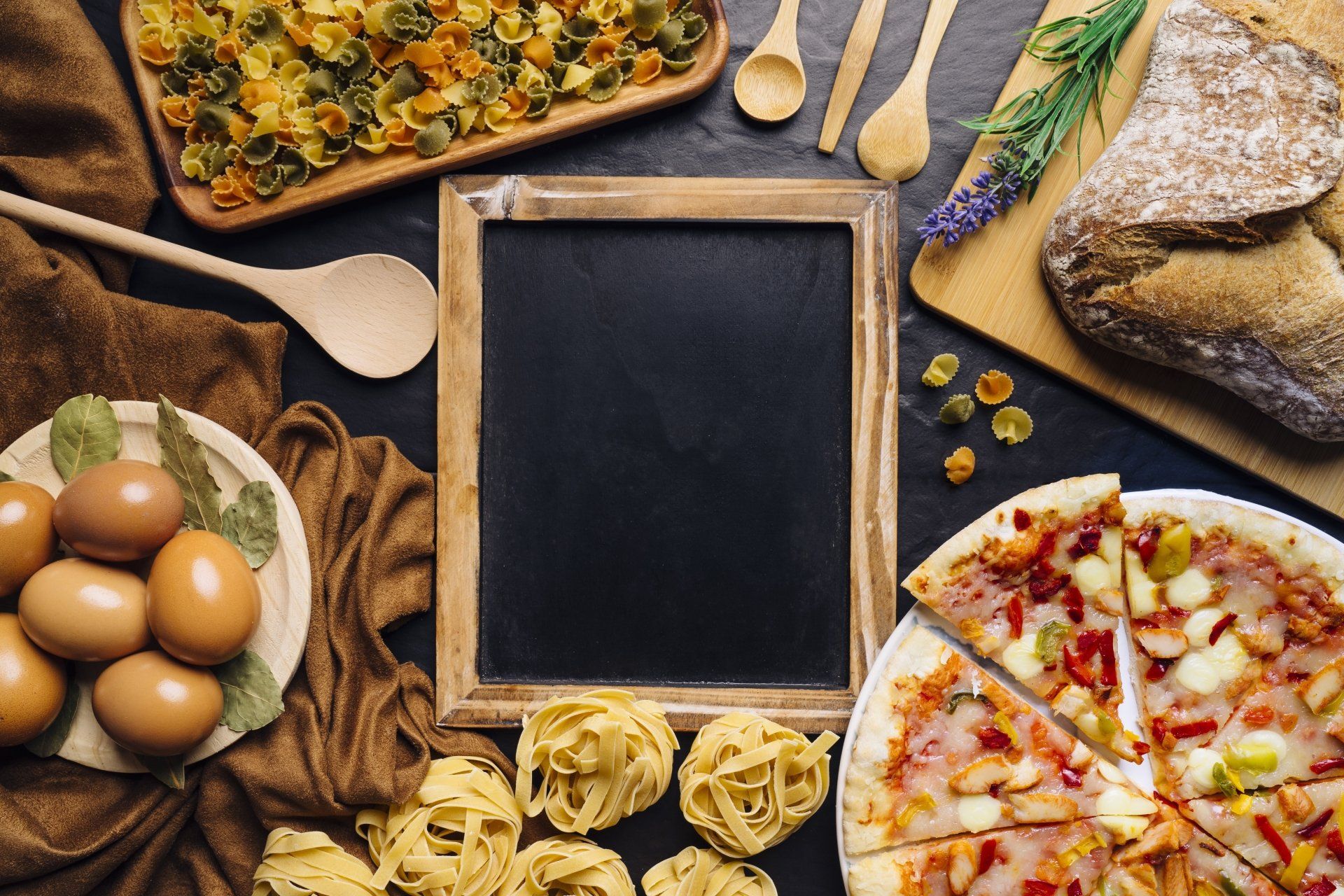 1920x1280 Rustic Italian Table: Bread, Pasta, Pizza & Eggs