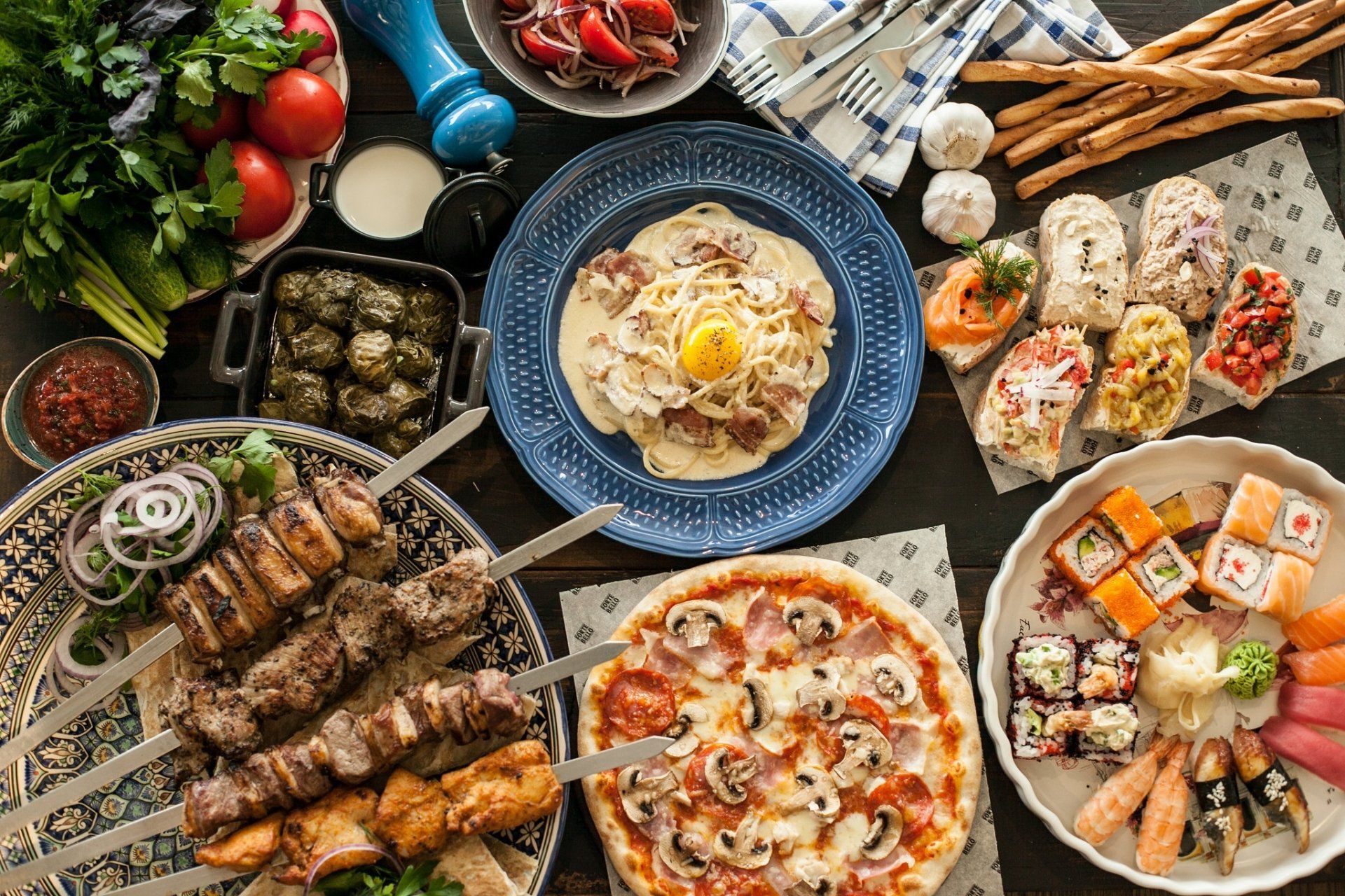 1920x1280 Epic Feast HD: Meat, Pasta, Sushi & More in a Stunning Still Life Wallpaperx1365