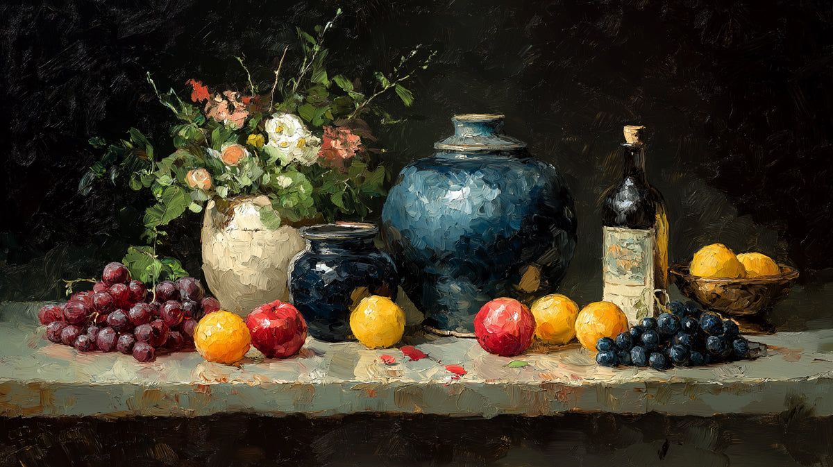 1200x673 Traditional Still Life with Blue Vases Mural Wallpaper. Classic Oil Painting Art