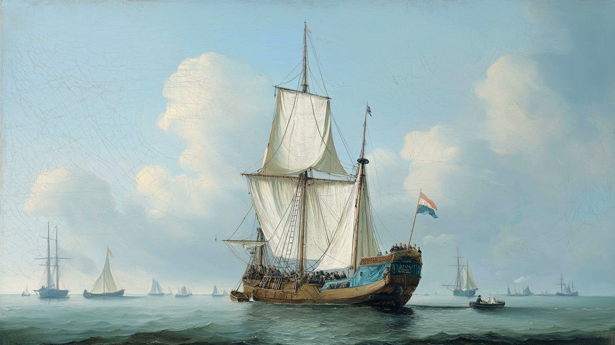 1200x673 Classical Seascape Dutch Flag Mural Wallpaper. Historical Art, Blue Sky, Maritime Detail Oil Painting