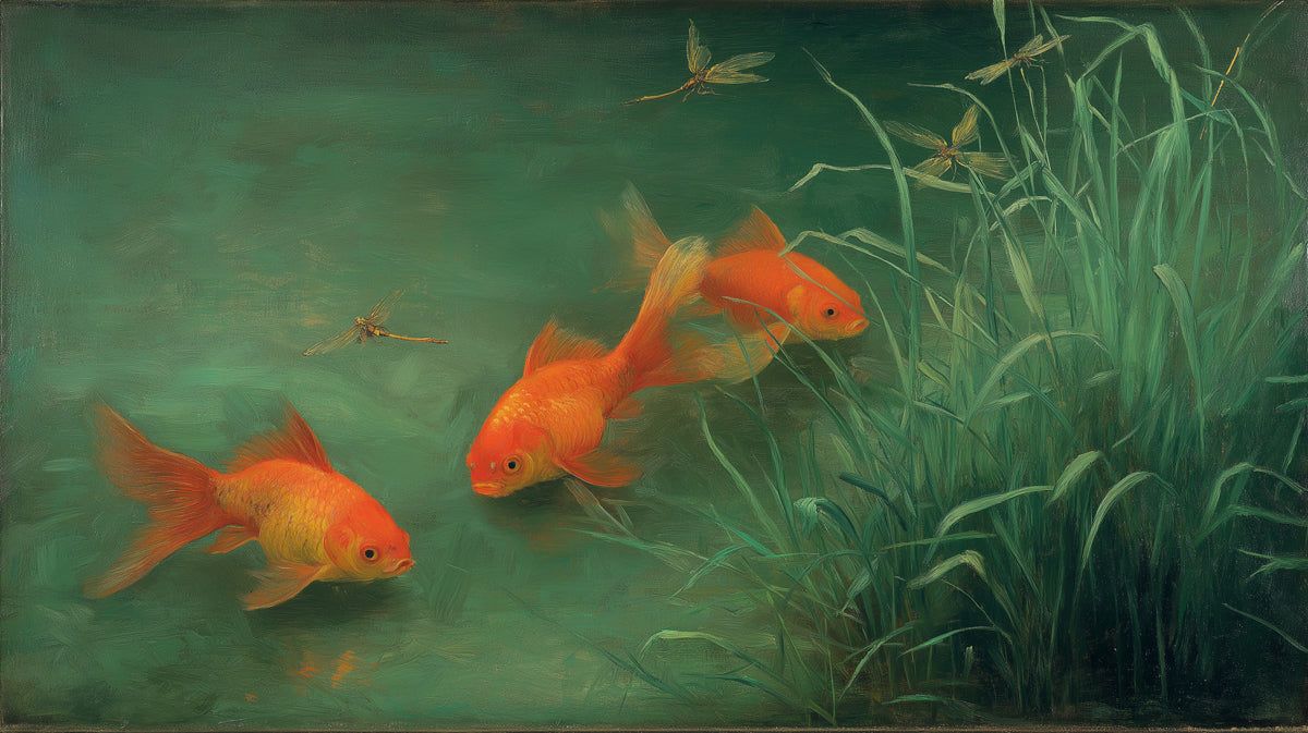 1200x673 Goldfish Pond Painting Mural Wallpaper. Classic Oil Painting of Koi