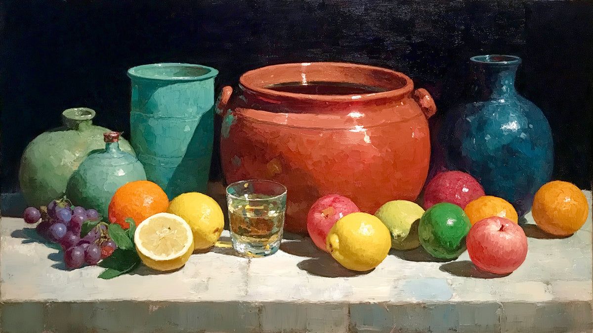 1200x673 Classic Still Life with Fruits & Vases Mural Wallpaper. Timeless Oil Painting Art