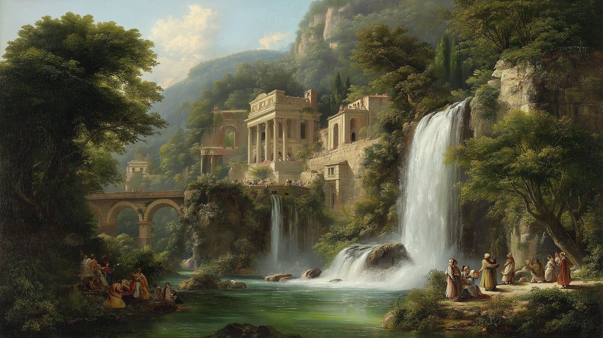 1200x673 Classical Roman Ruins & Waterfall Landscape Oil Painting Mu