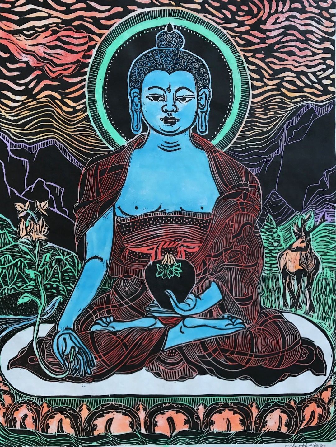 1080x1436 Medicine Buddha Woodblock Print With Stag: Healing Art