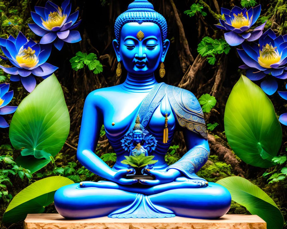 1000x800 image of Medicine Buddha, sitting in lotus position, blue skin, holding medicinal herbs in right hand, offering compassion and he. Deep Dream Generator