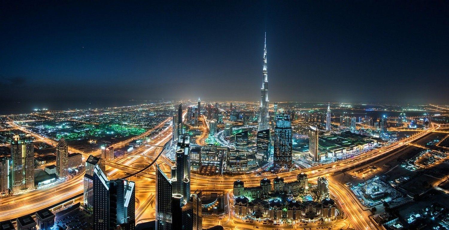1500x768 landscape, Cityscape, Dubai, Skyscraper, Night, Lights, Mist
