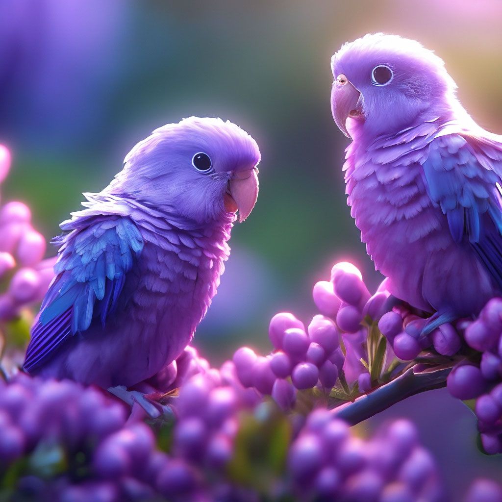 1024x1024 Two small purple parrots sitting on a lilac bush, dawn, everything is