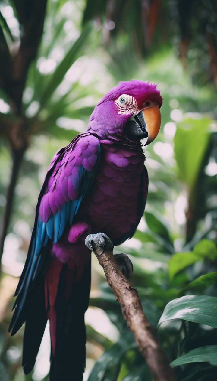 720x1260 A cheeky purple parrot playfully mimicking human speech, surrounded by lush tropical greens Wallpaper [7e687842b42e4547b16a]