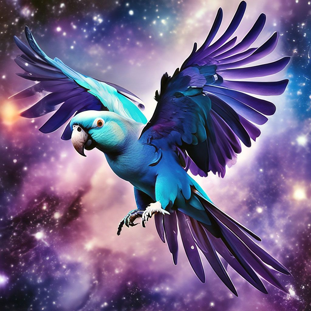 1024x1024 parrot, parrot flying in space, space parrot, parrot of different shades, purple tones, lilac tones, dark blue