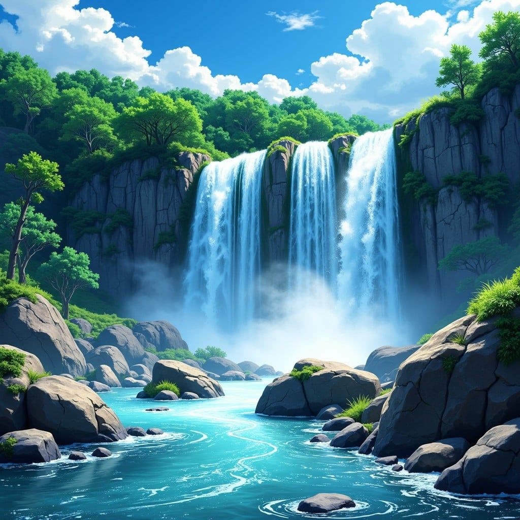 1024x1024 Free Vibrant Manga Waterfall Image, Anime, Manga