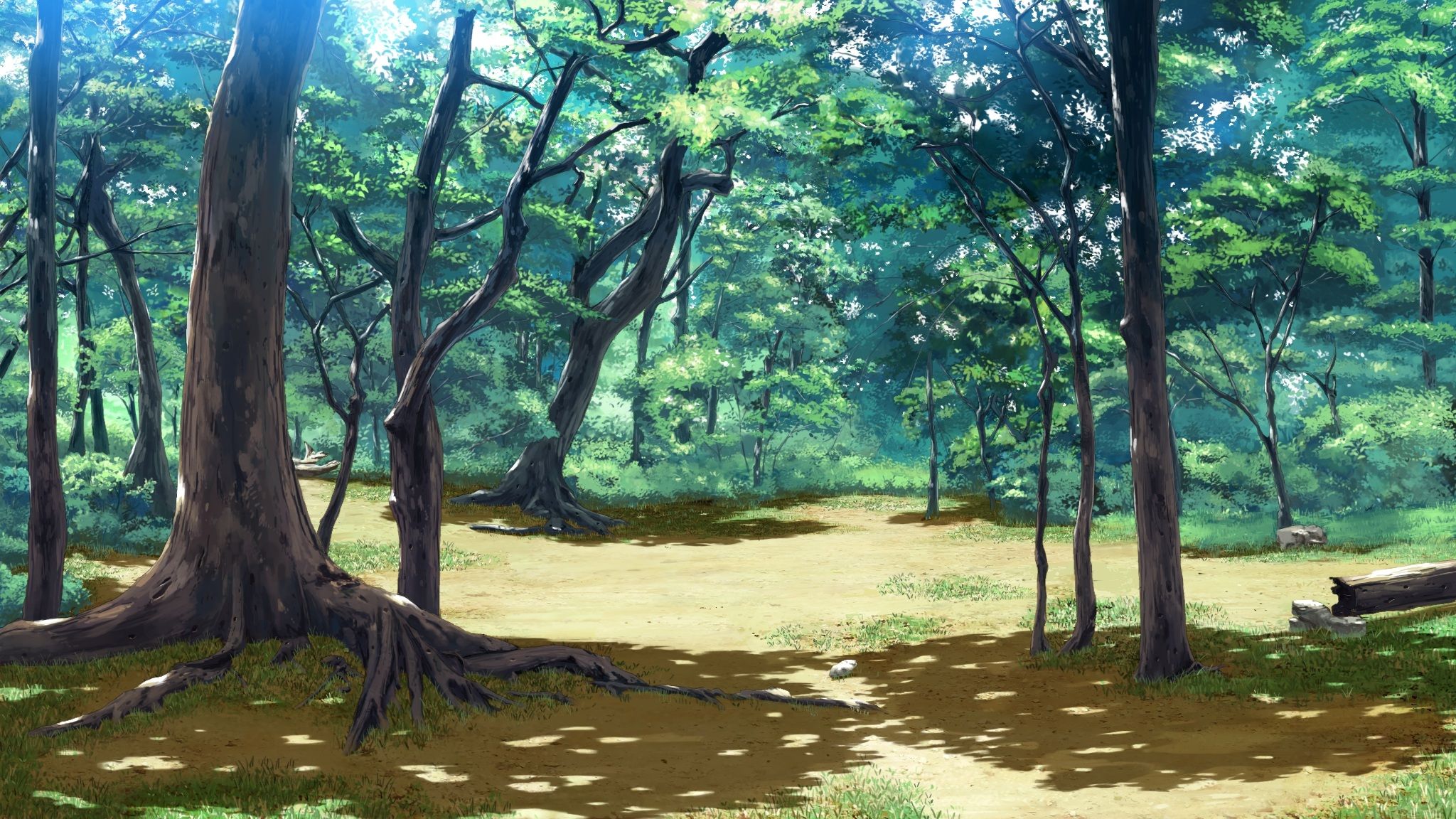 2048x1152 Serene Anime Forest: HD Wallpaper of Tranquil Sceneryx1152