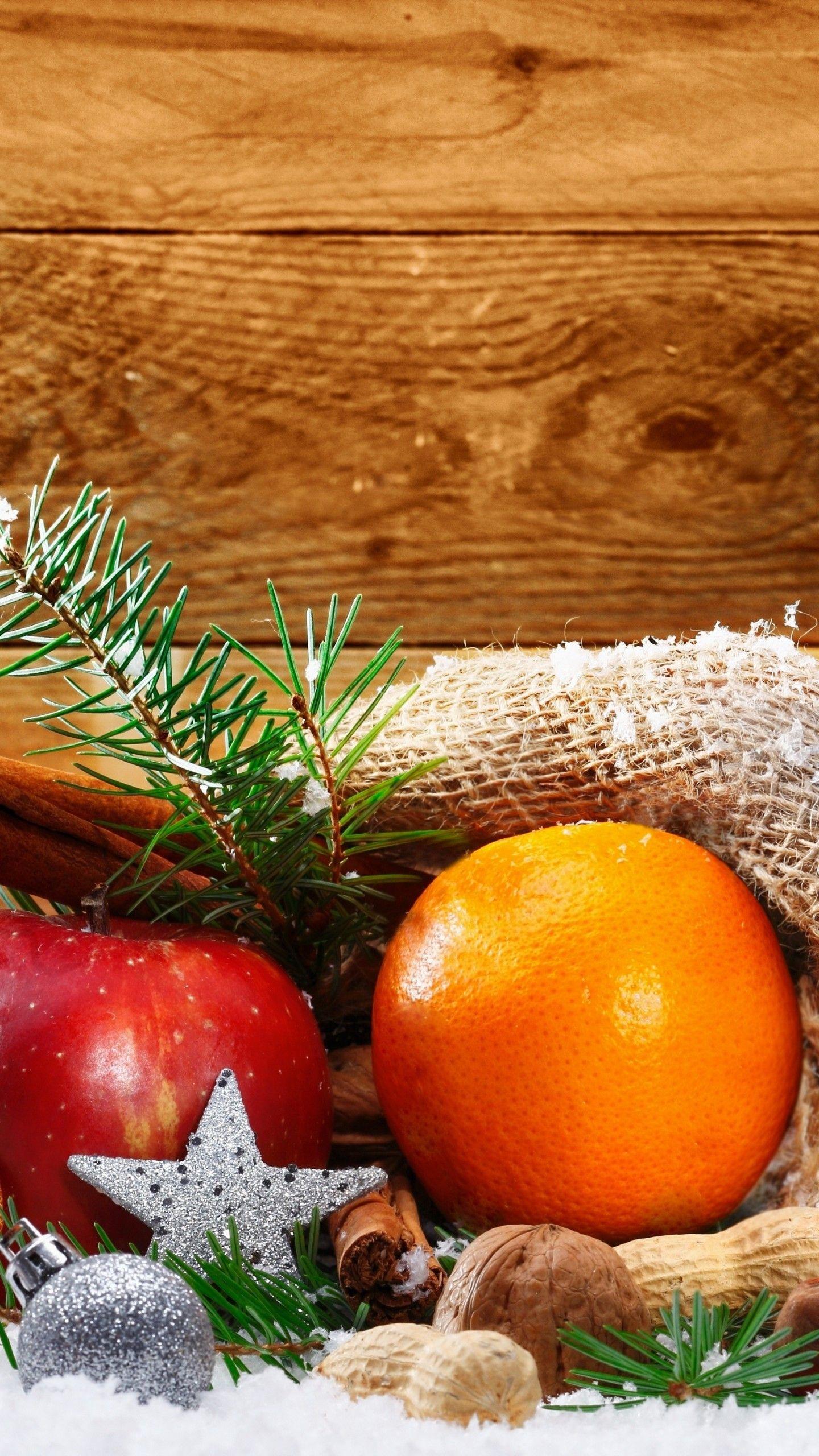 1440x2560 Wallpaper Christmas, New Year, snow, orange, apple, cinnamon, 4k