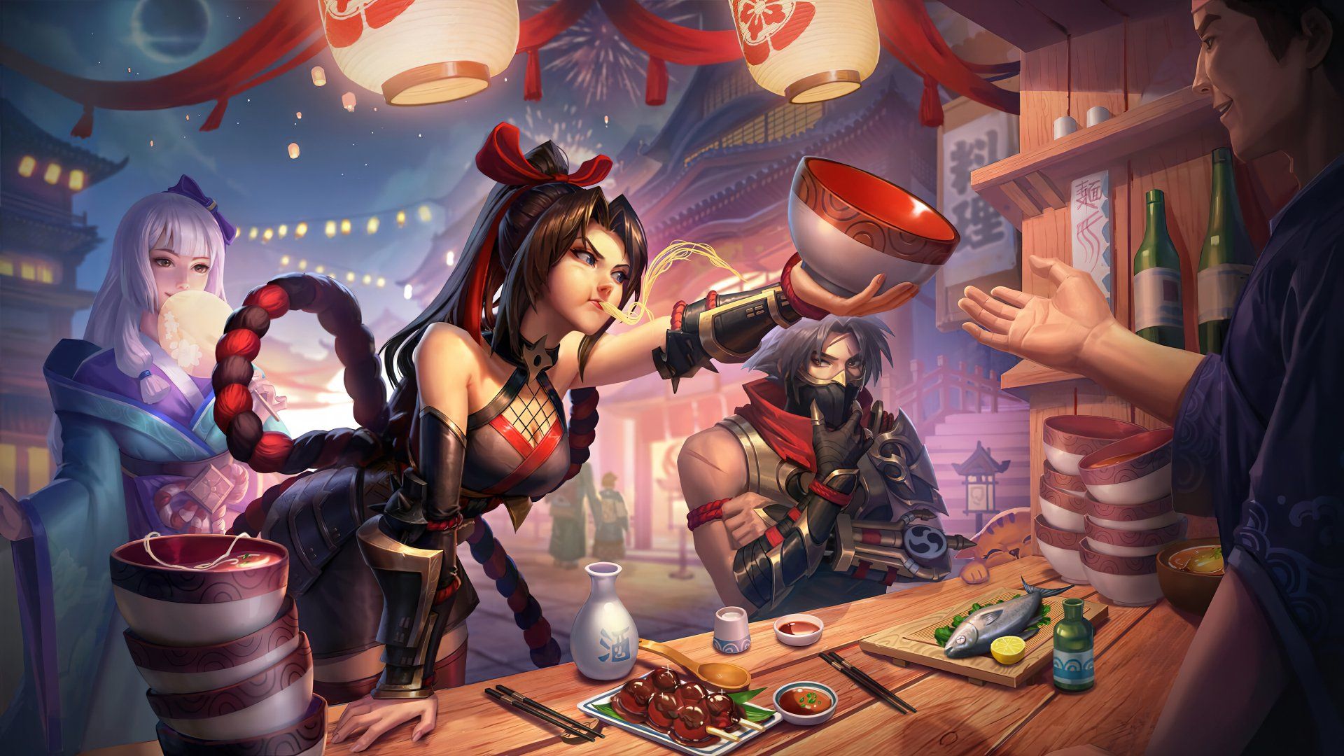 1920x1080 Moonlit Market: Kagura, Hayabusa & Hanabi