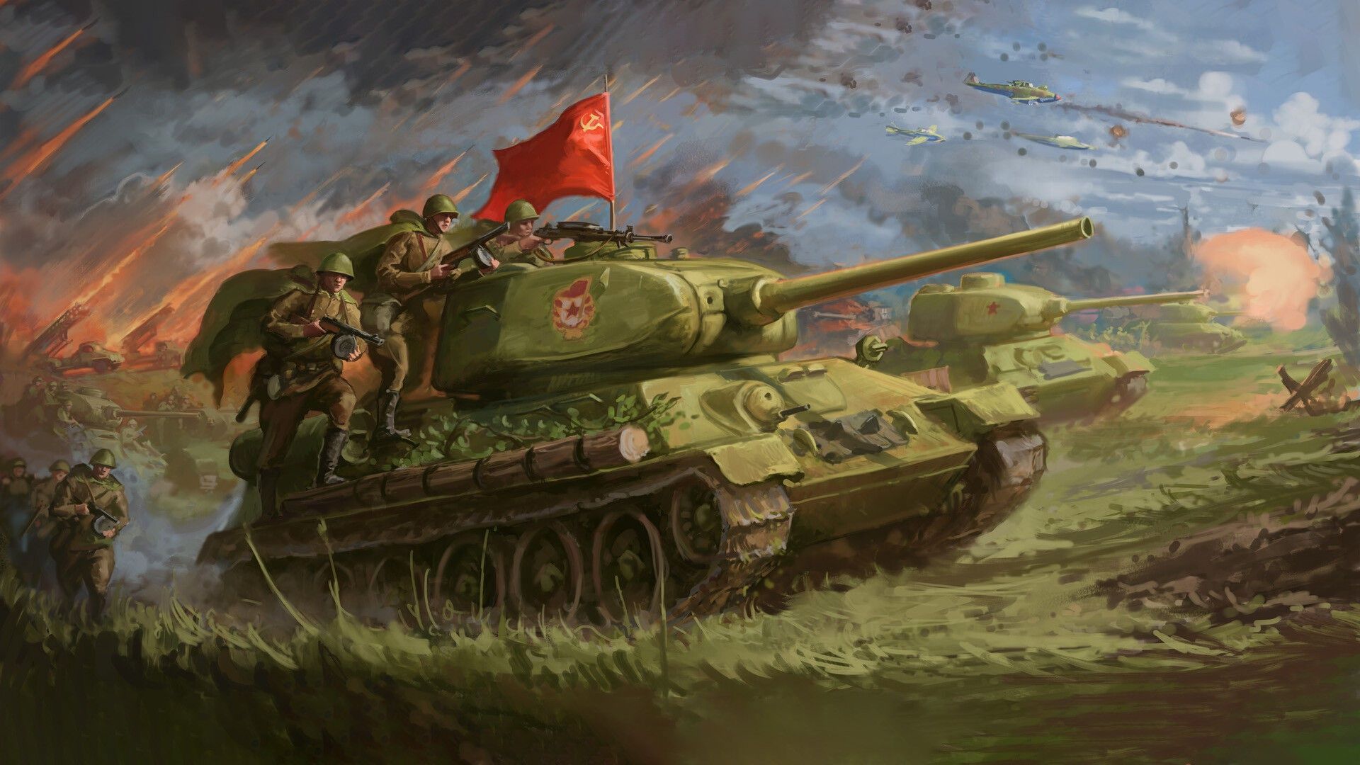 1920x1080 Wallpaper art, soldiers, tank, USSR, the plane, WWII, The great Patriotic war, The second World war for mobile and desktop, section оружие, resolution 1920x1080