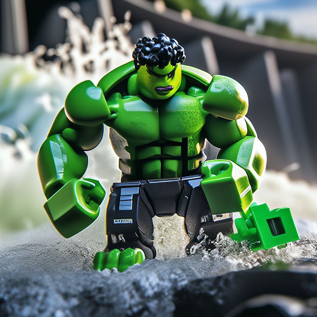 1024x1024 The Lego Style Hulk Stands Against The Break Of The Lego Style Dam In Macro Photography, Good Quality Hyperrealism