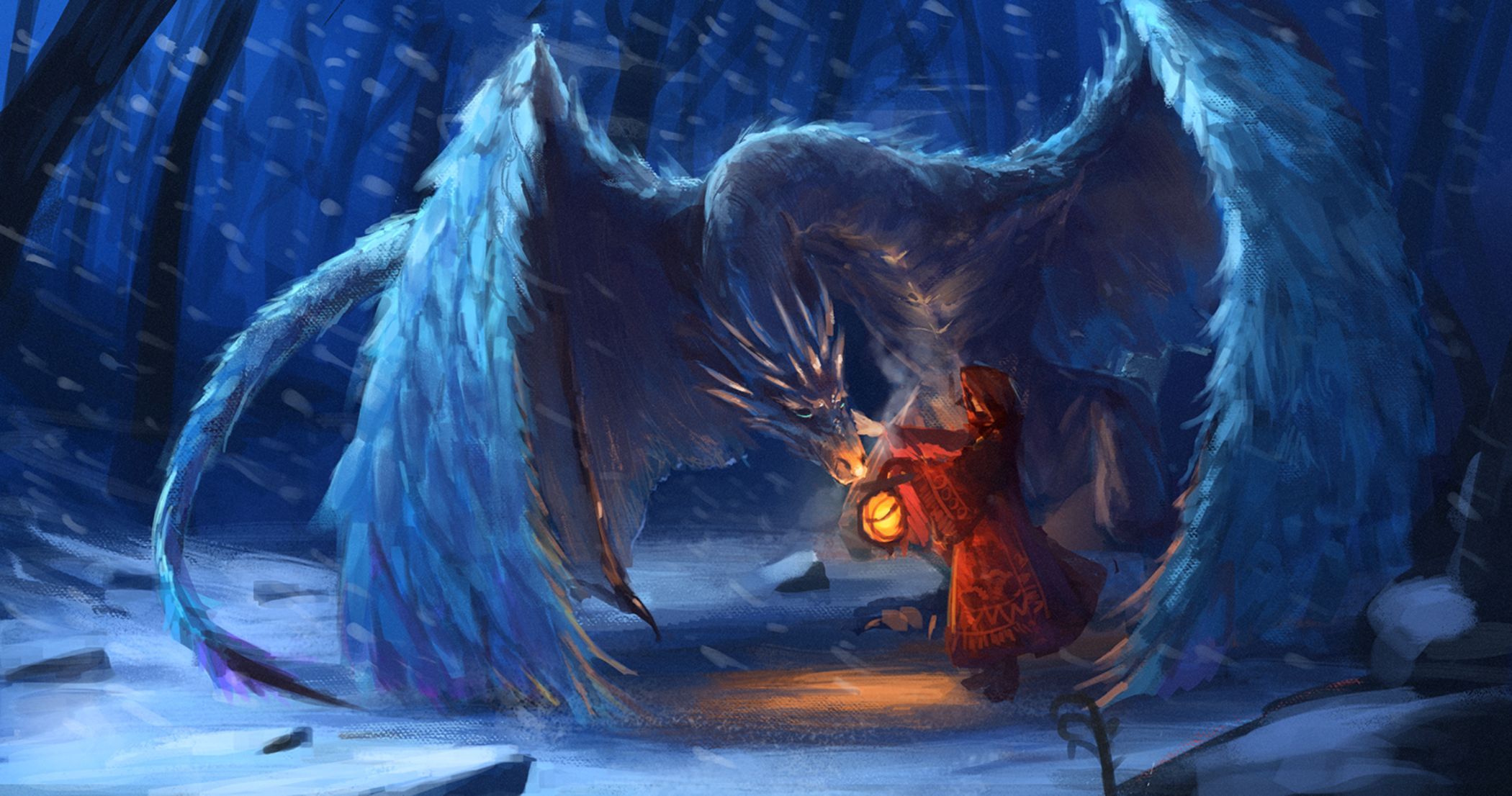 2100x1106 Desktop wallpaper: Fantasy, Dragon, Lantern, Snow, Wyvern 4K free download for PC. 906667
