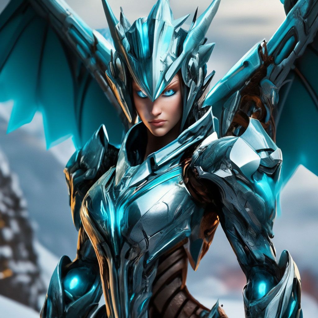 1024x1024 Robot Dota 2 Winter Wyvern girl plows the sky over the battlefield, biomechanics, robotics, high quality, high