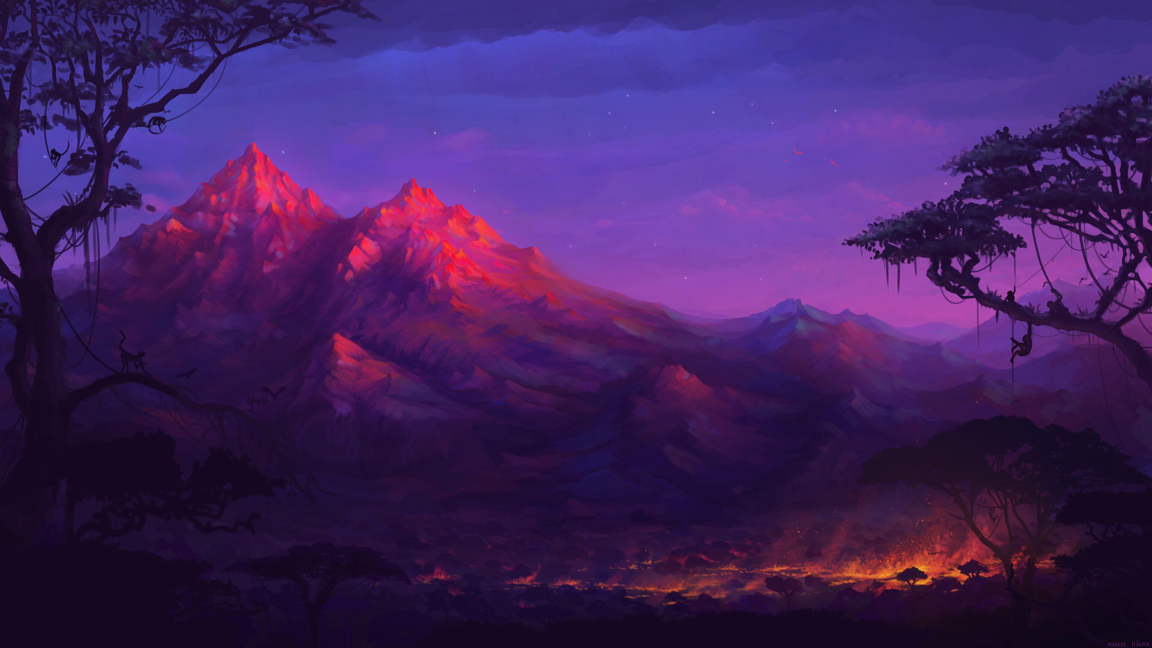 3840x2160 Forest Mountains Colorful Night Trees Fantasy Artwork [3840x2160]