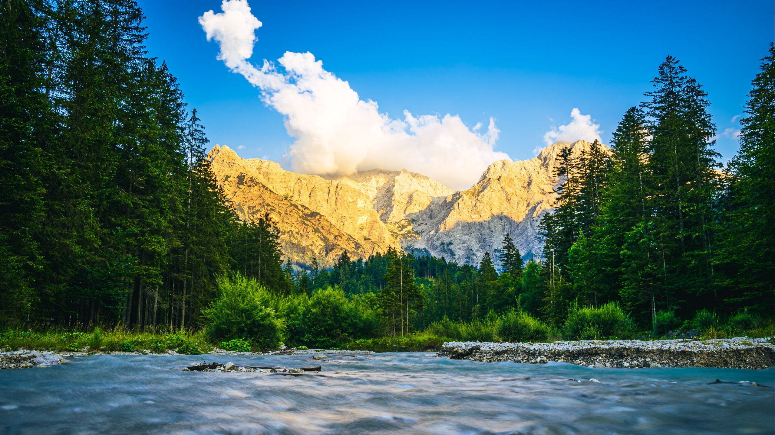 2560x1440 landscape beautiful mountains river trees forest stones bushes nature reflection stream clouds sky background HD Nature Wallpaper