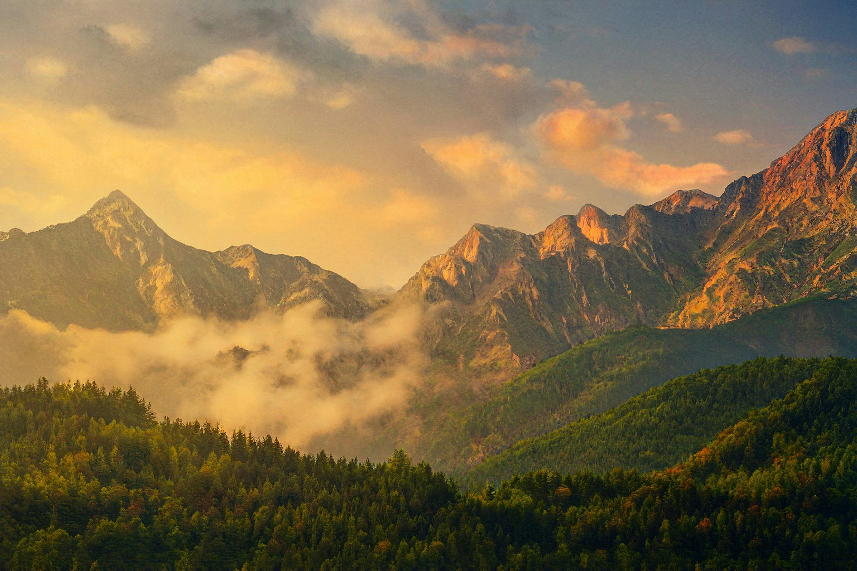3000x2000 The mountains are covered in clouds and trees photo