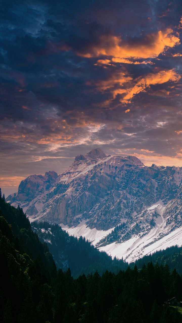 720x1280 free 4K wallpaper mountains, snow, forest, trees, sky, clouds, sunset, switzerland