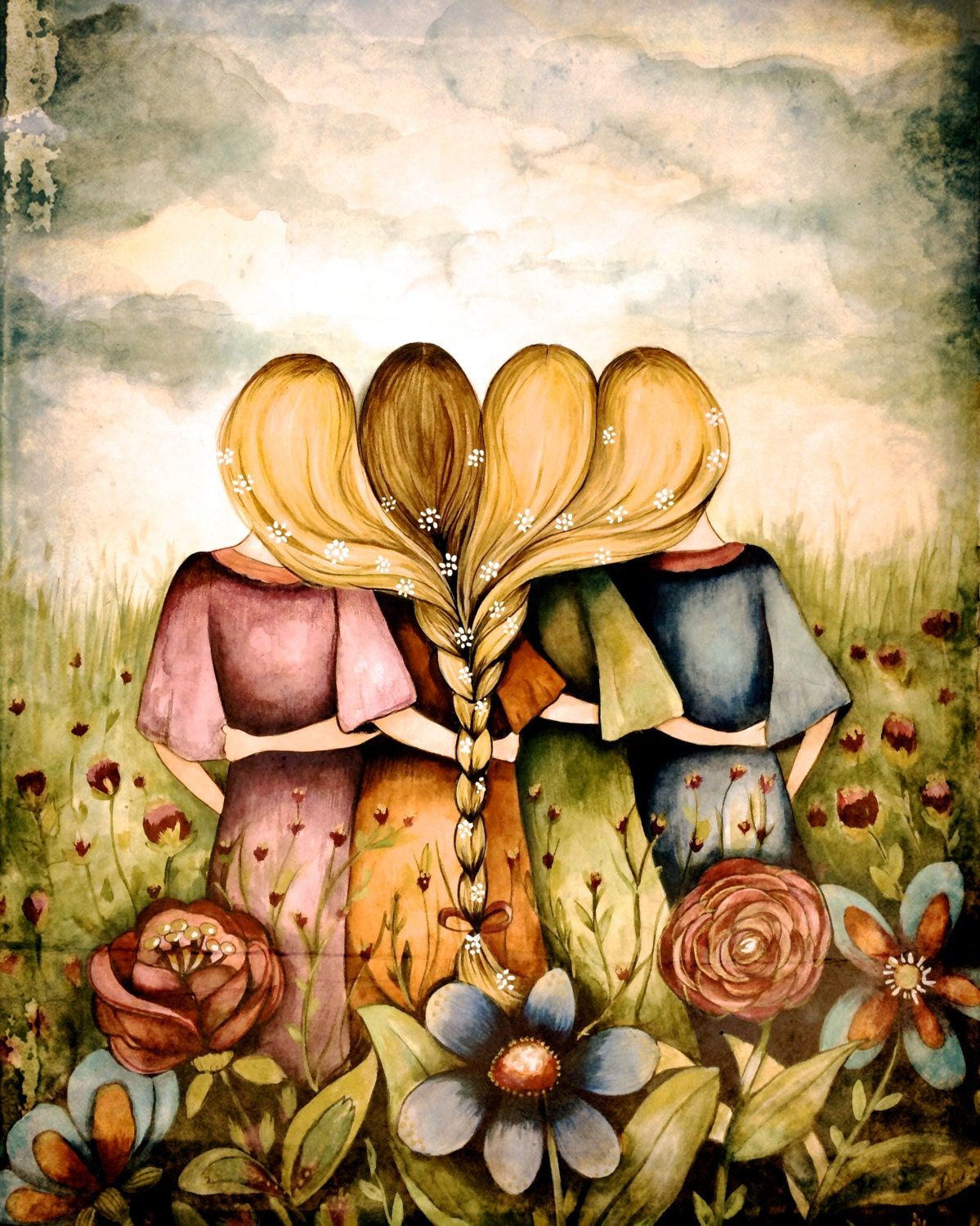 1199x1500 Four Sisters Art Print, Friends Bridesmaids Gift, Woman Artwork