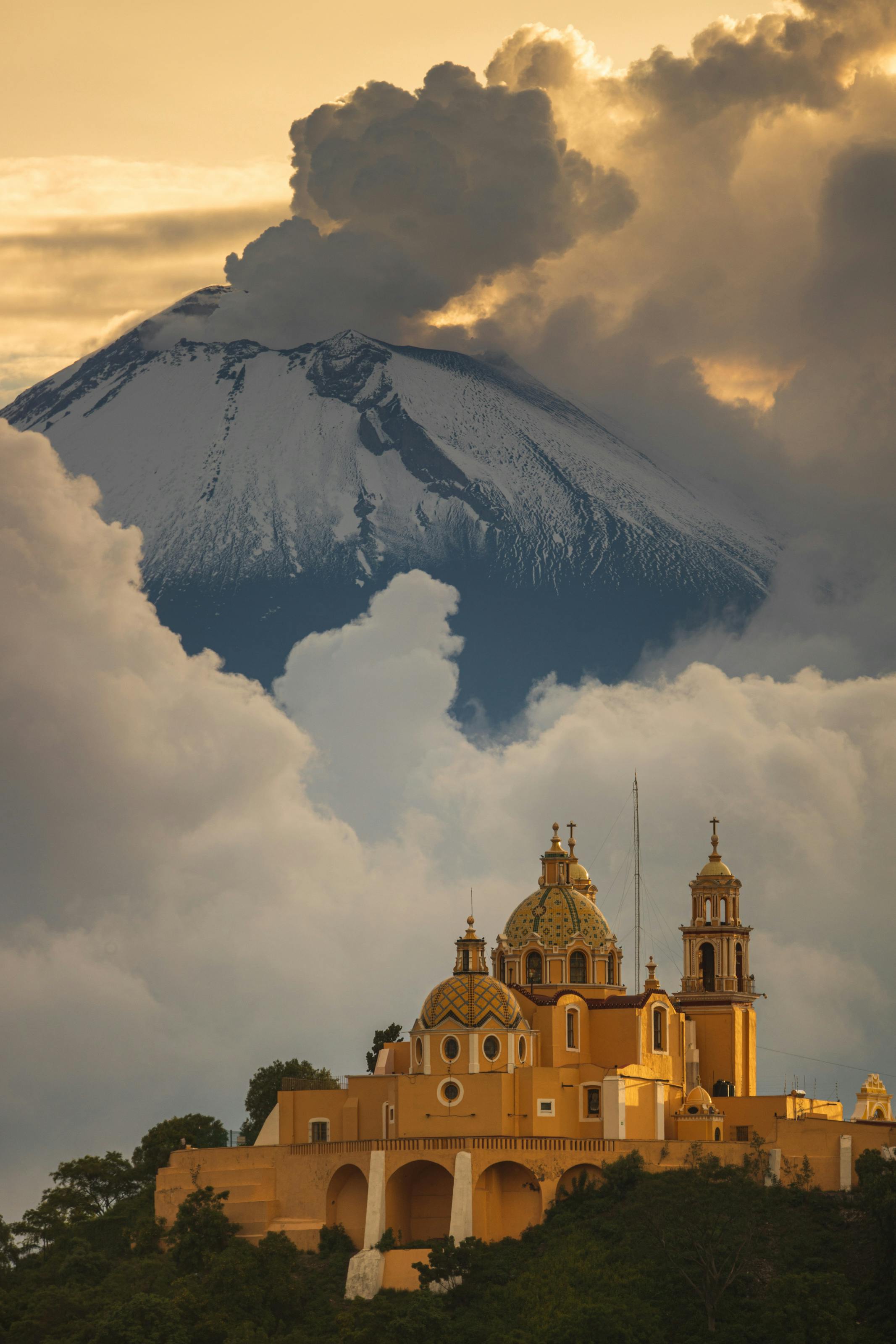 2133x3200 Church with Majestic Volcano in Background · Free