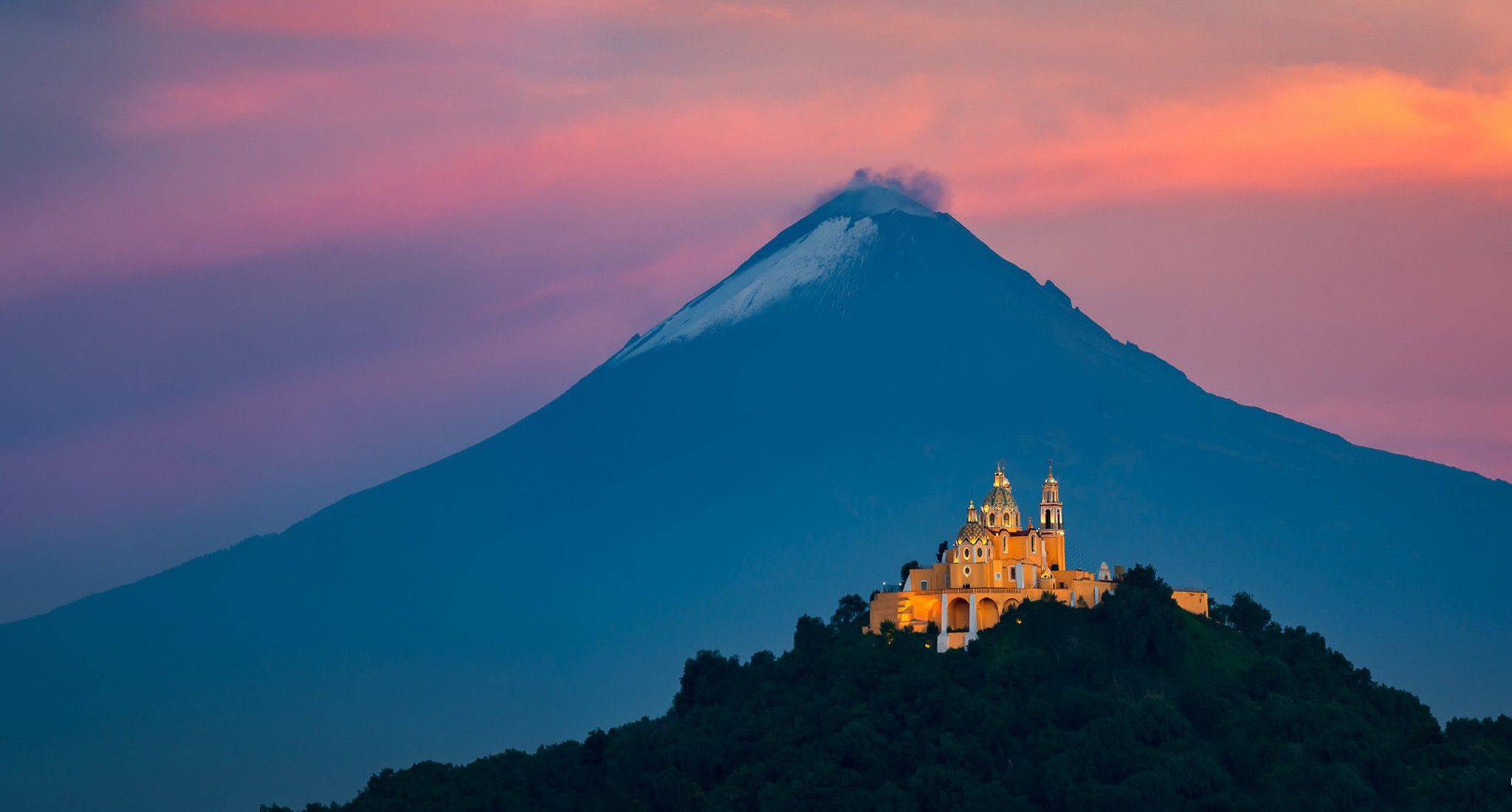 2048x1100 Wallpaper Mexico, mountain, church, Cholula, Volcanic Shrine for mobile and desktop, section пейзажи, resolution 2048x1100