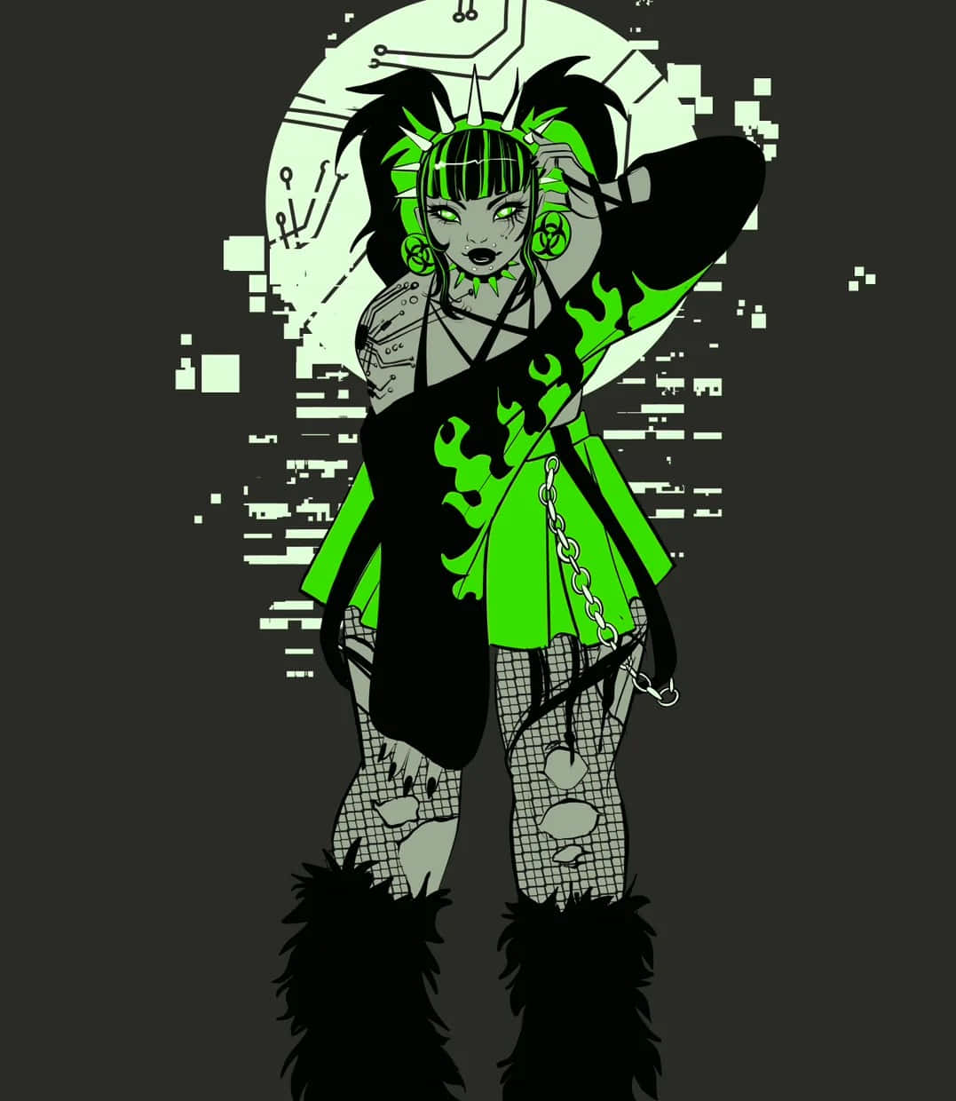 1077x1240 Download Green Goth Aesthetic Cyberpunk Character Wallpaper