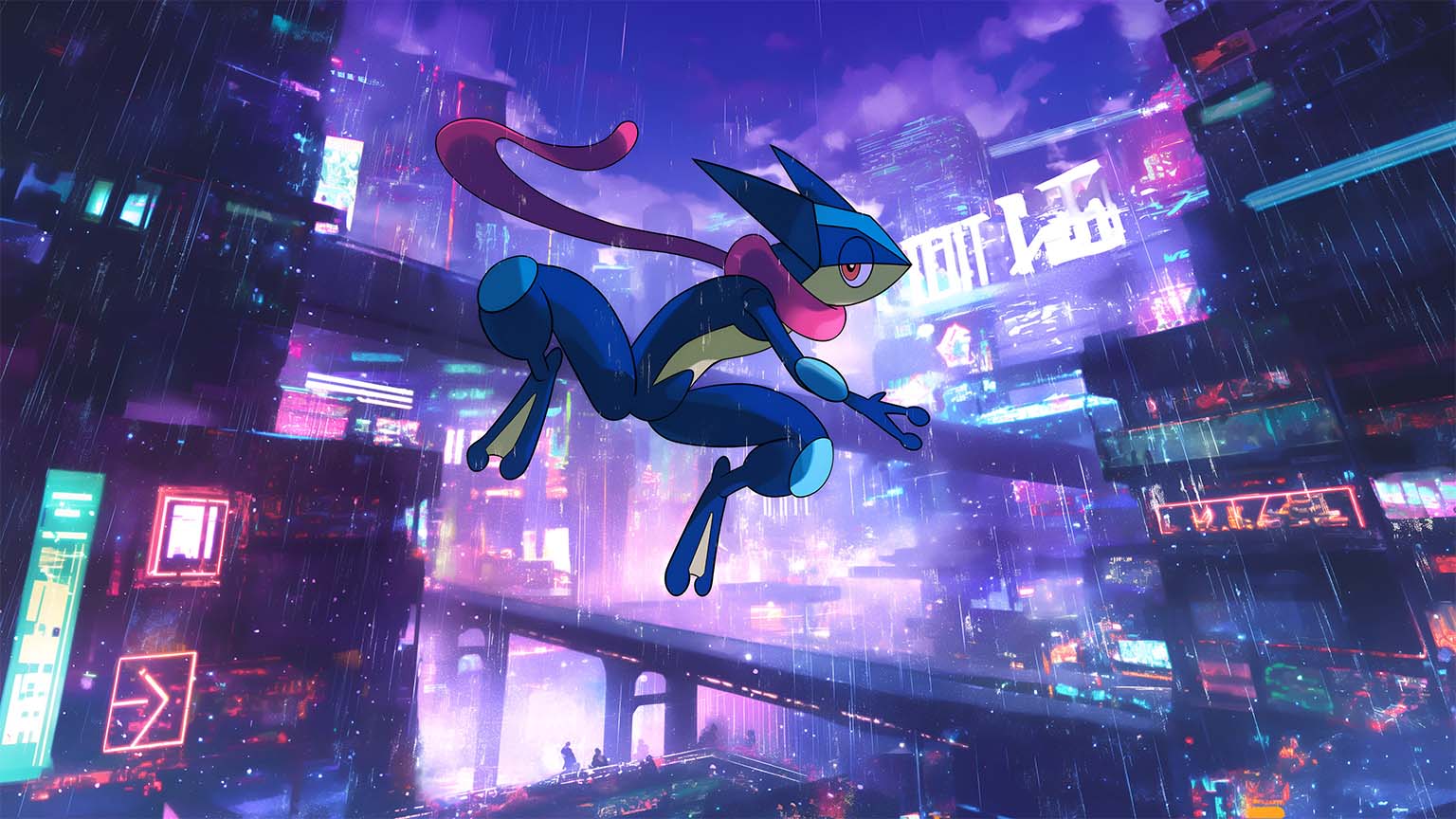 1536x864 Greninja Cyberpunk Neon City Rain Action Desktop Wallpaper 4K