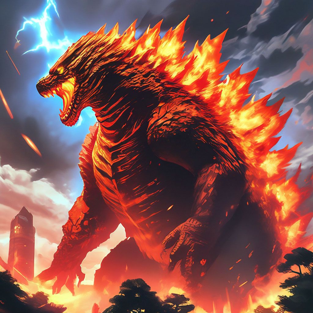 1024x1024 A Giant Thermonuclear Burning Red Orange Godzilla That Burns Everything In Its Path.The Sky Is In Red Orange Tones