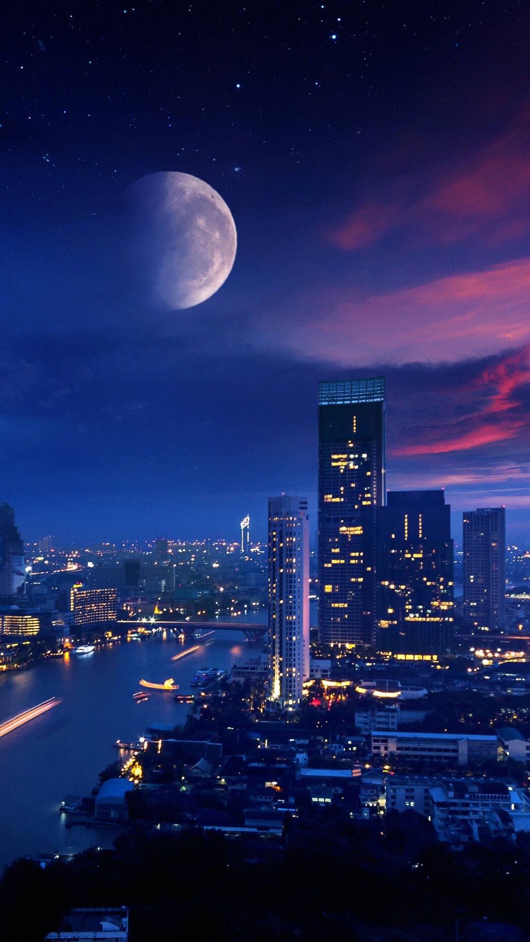 1080x1920 Download Galaxy Moon In The City Wallpaper