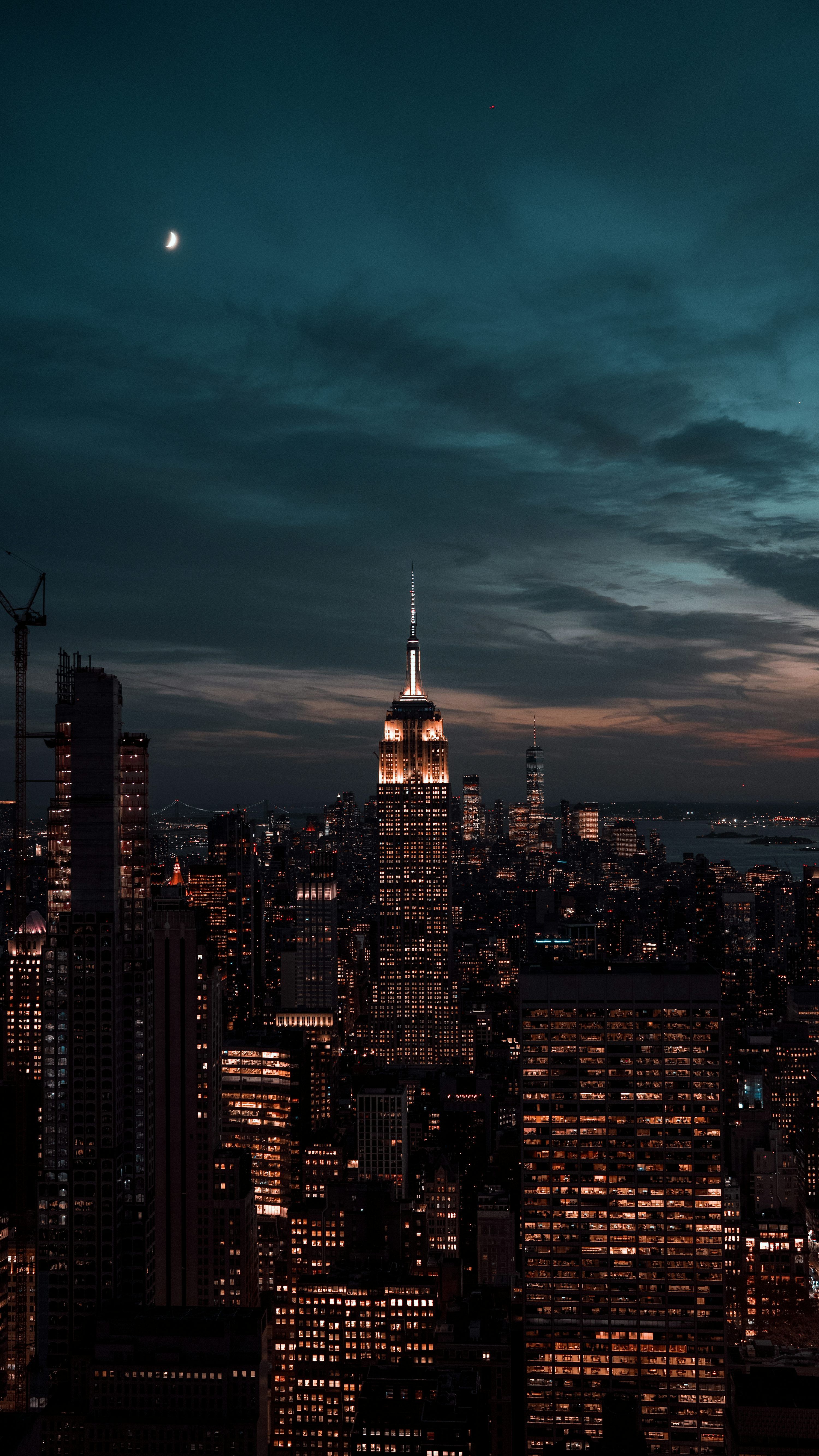 3000x5330 A view of a city at night with the moon in the sky photo