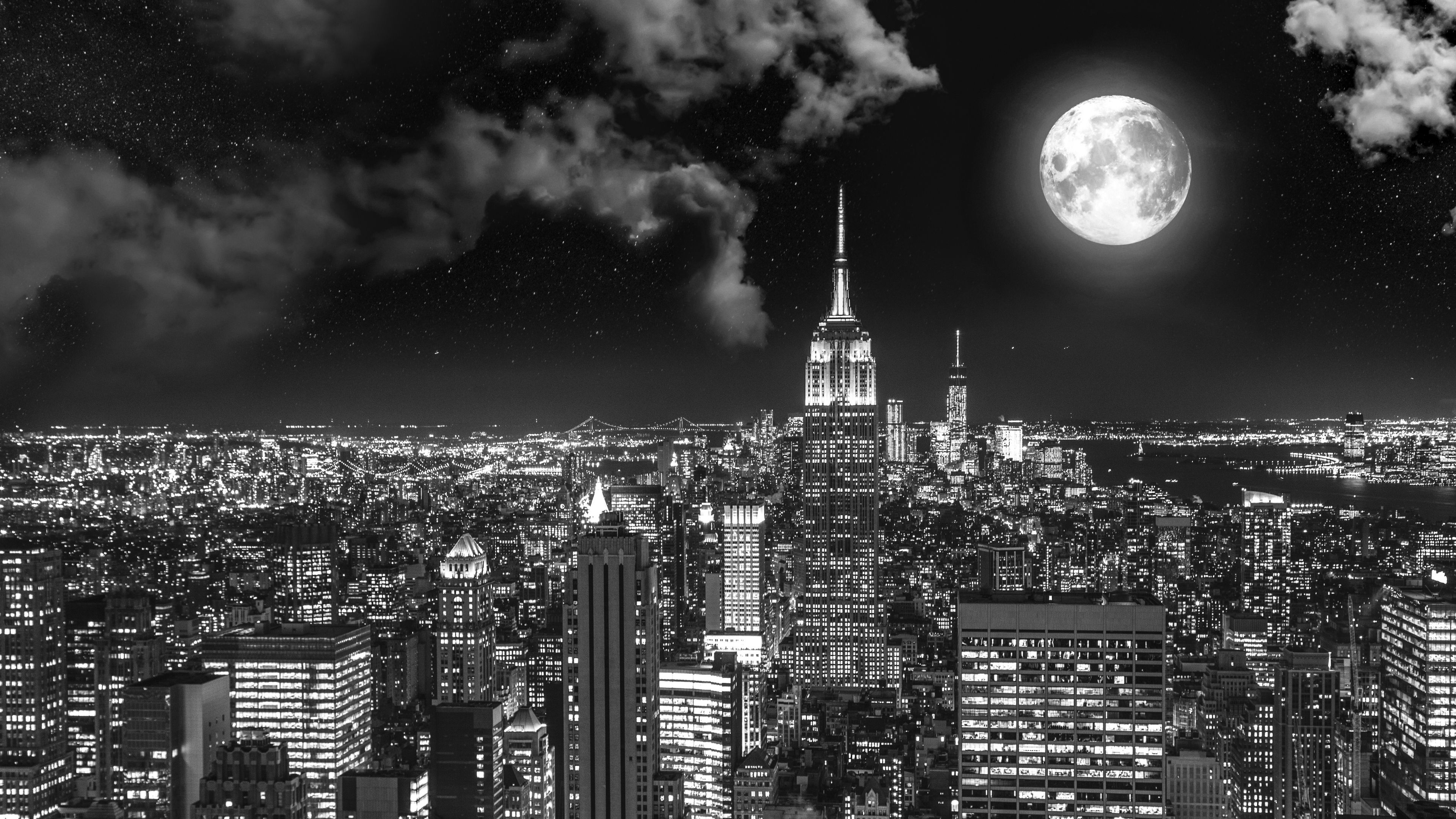 3840x2160 Night City BW Full Moon 4K HD Wallpaper