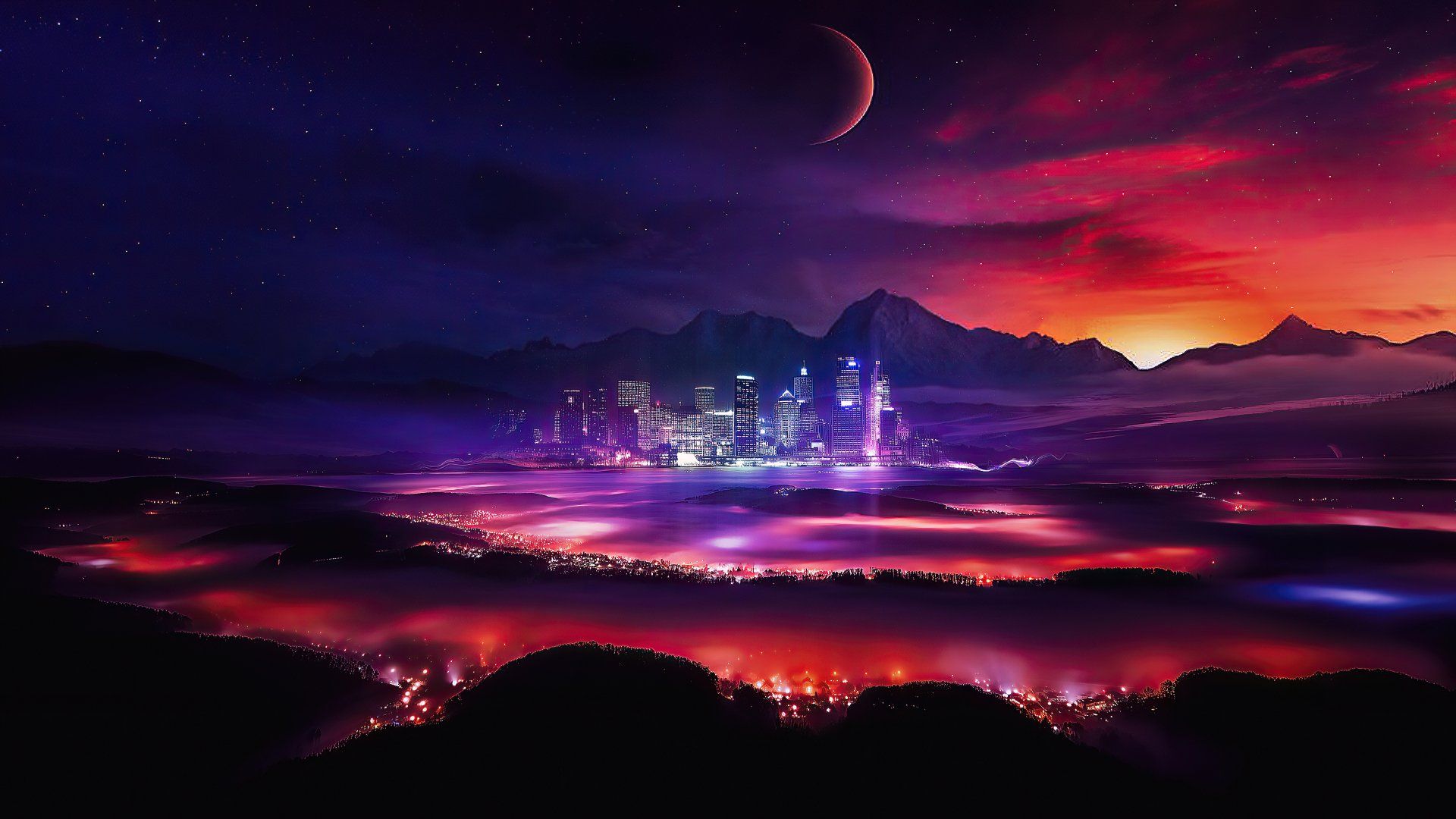 1920x1080 4K Ultra HD Nightscape: Moonlit City Beneath Mountain Skies