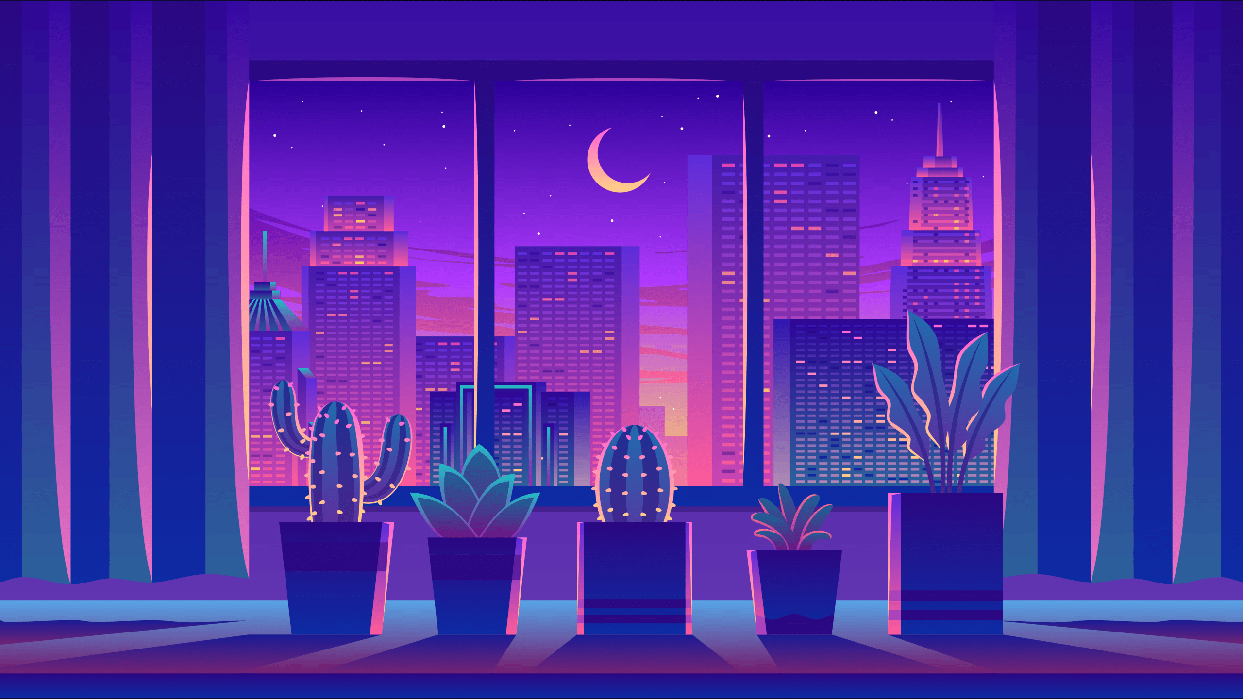 2560x1440 Room Wallpaper 4K, Cityscape, Plants, Crescent Moon