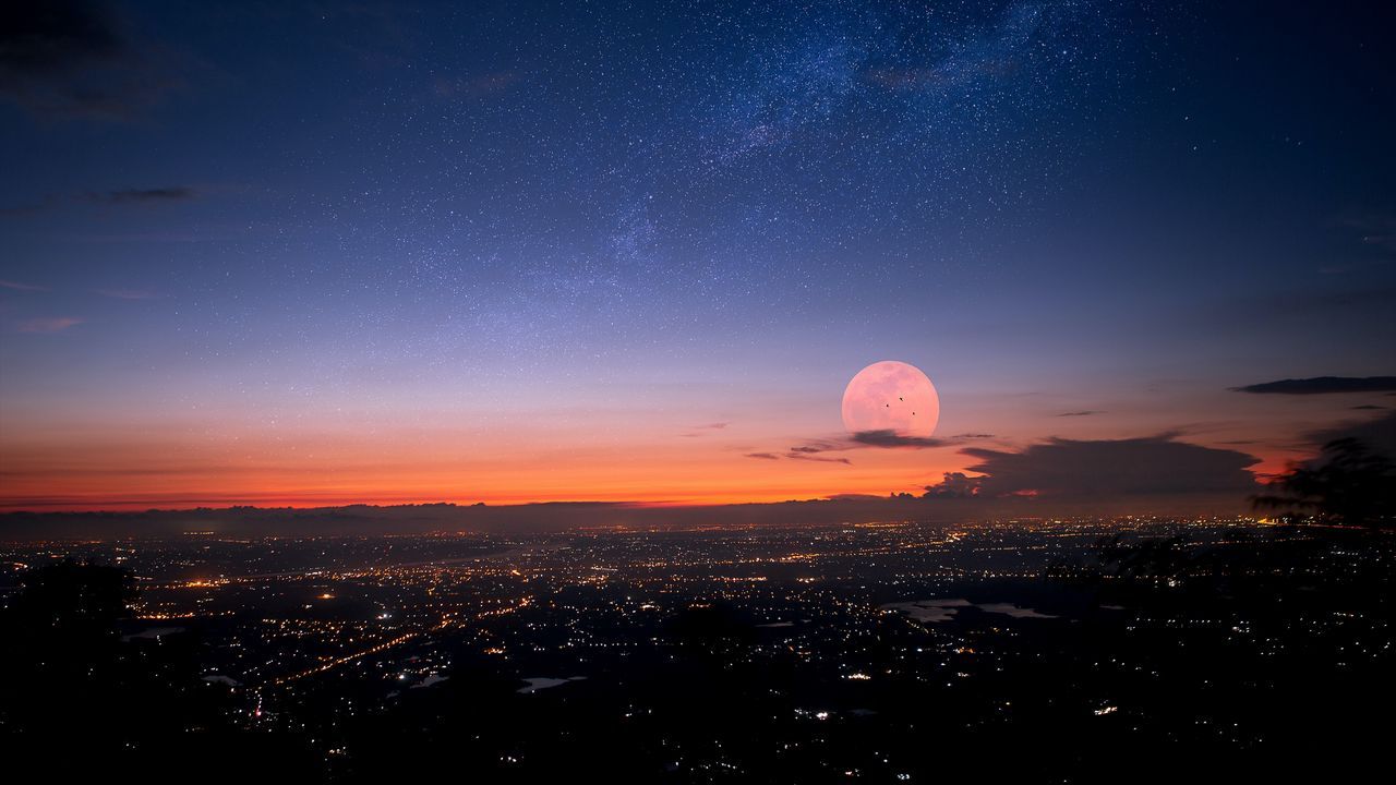 1280x720 Wallpaper night, moon, city, lights hd, picture, image