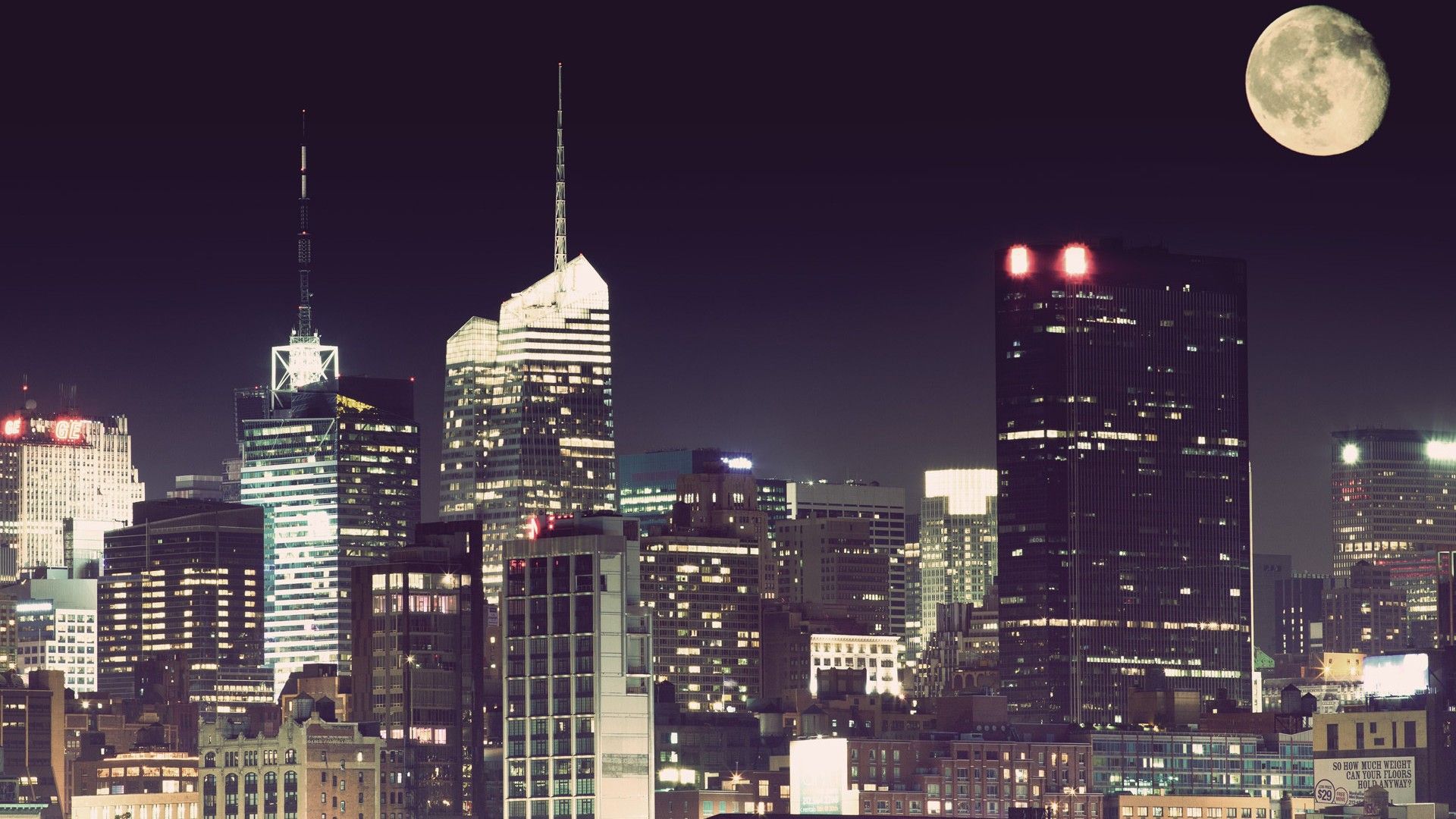 1920x1080 Manhattan City With Lighting Buildings In Background Of Dark Sky With Moon During Nighttime HD New York Wallpaper