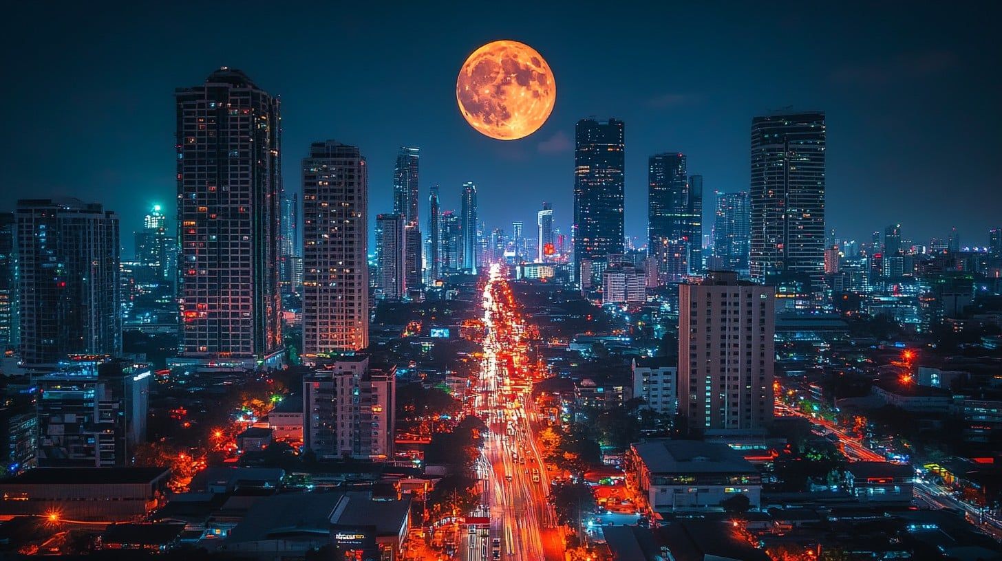 1456x816 Free City under moon Image, Moon, Night