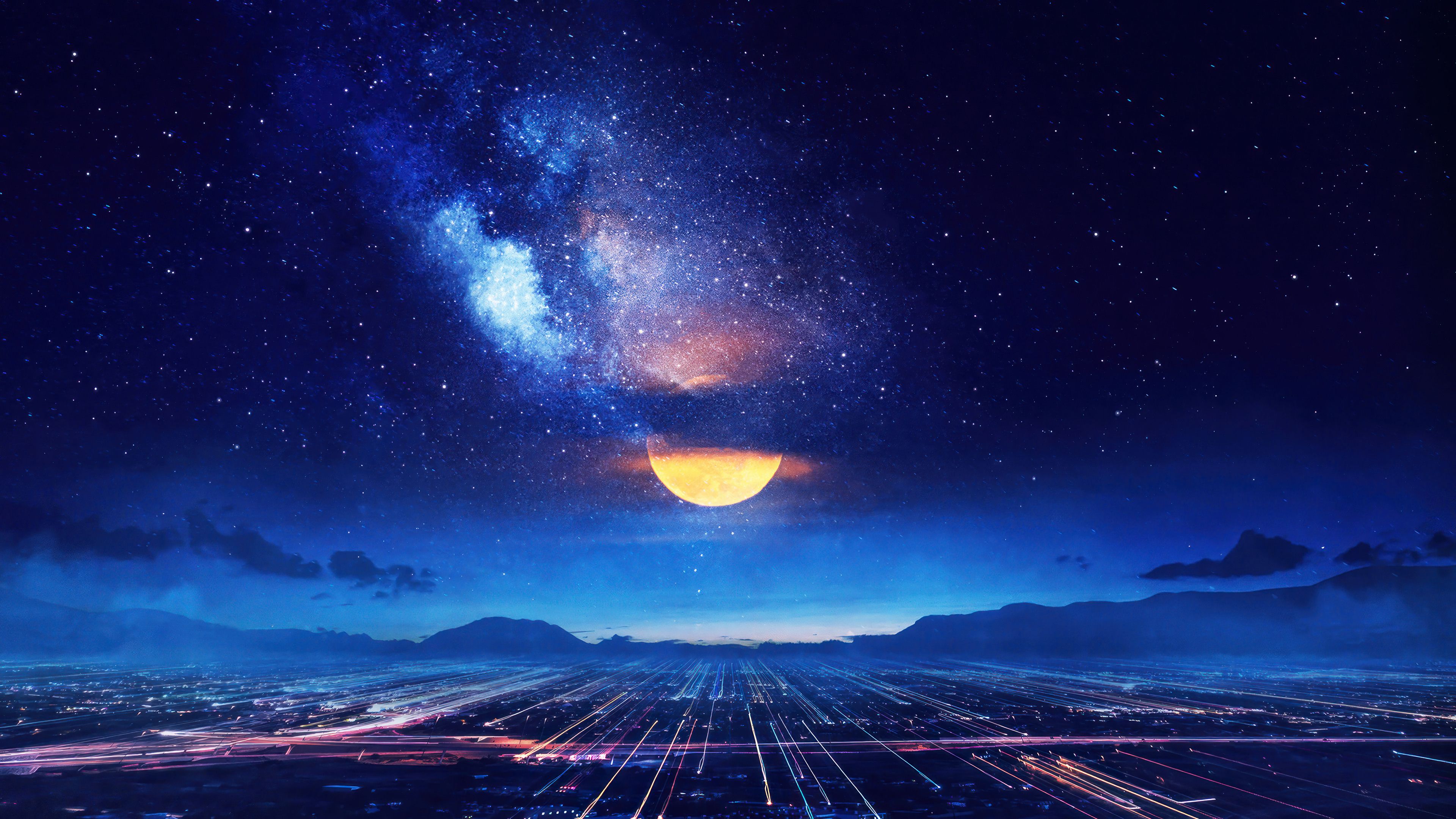 3840x2160 Moon Night Sky City Scenery Wallpaper 4K HD PC m