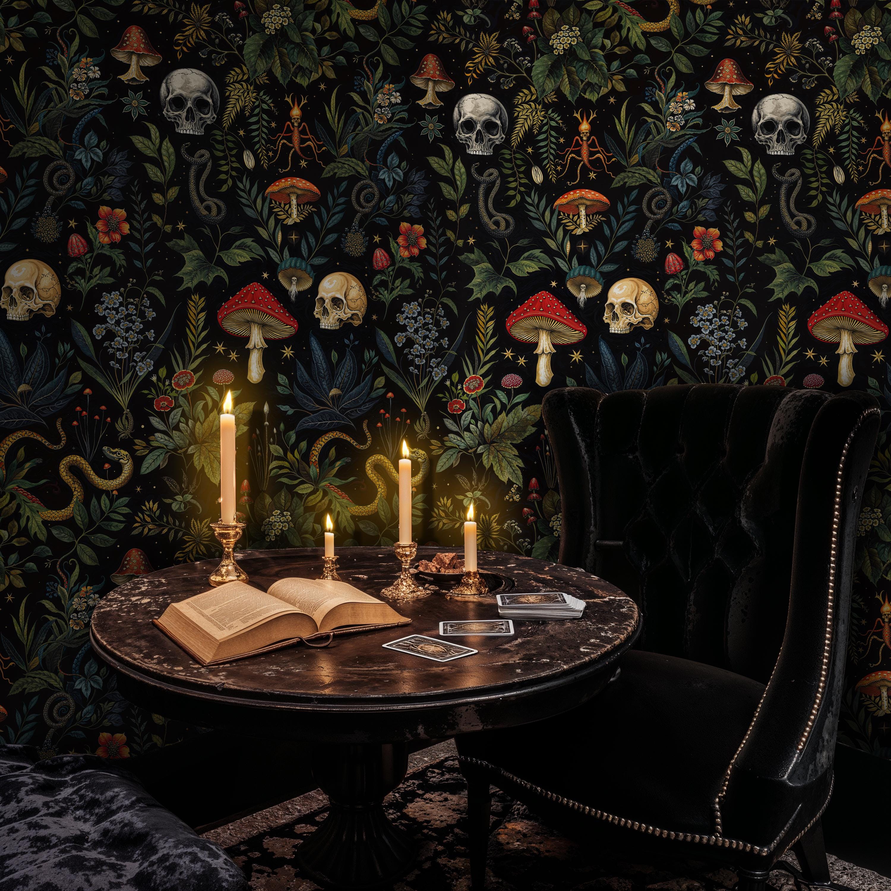 3000x3000 Dark Gothic Botanical Wallpaper: Skulls, Serpents, Mushrooms Peel and Stick
