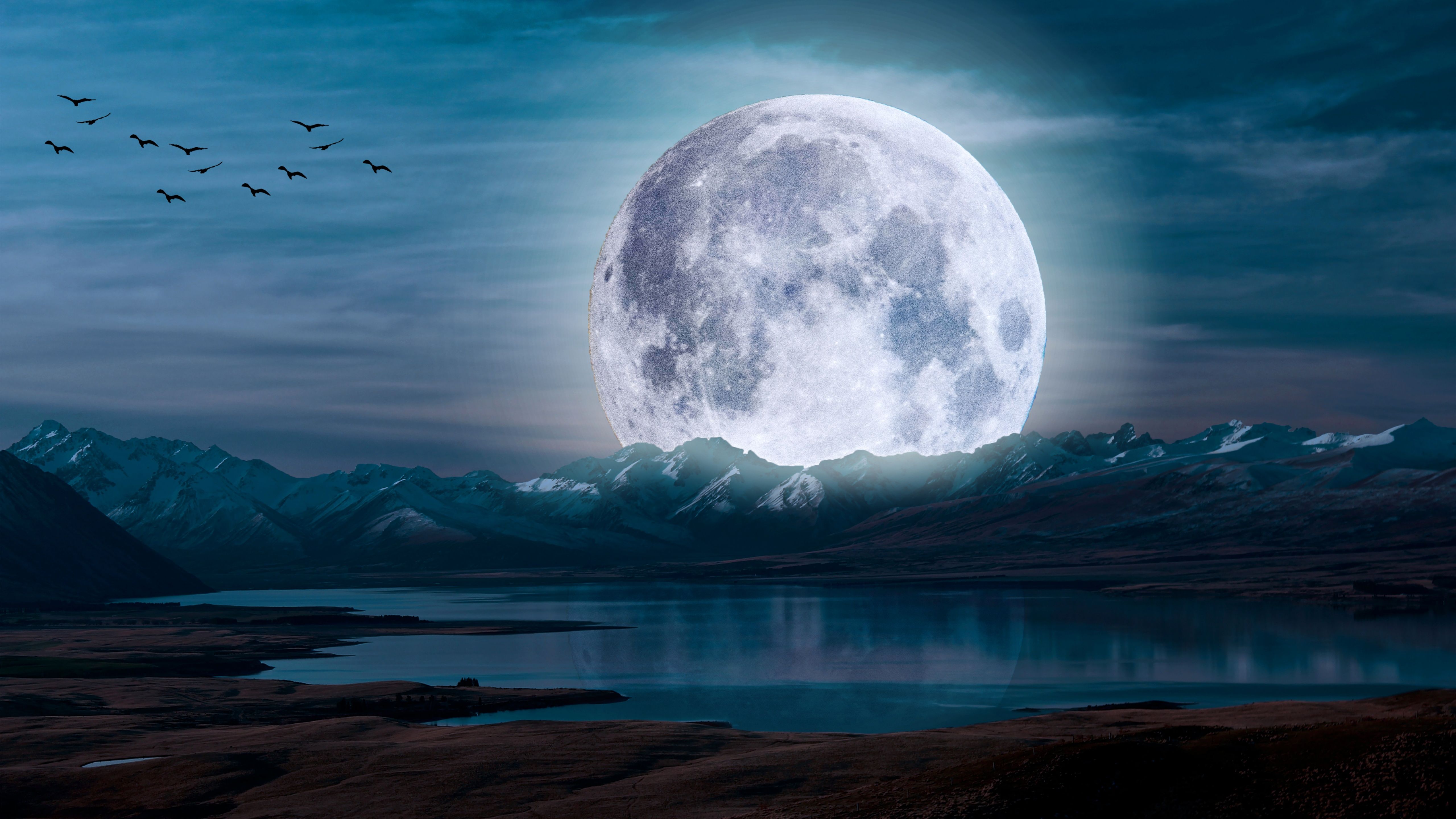 5120x2880 Moon Wallpaper 4K, Aesthetic, Night, Landscape, Lake