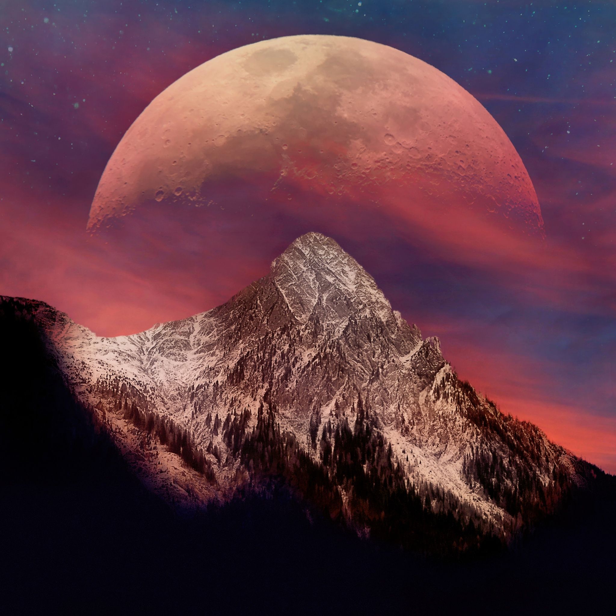 2048x2048 Blood Moon Wallpaper 4K, Mountain Peak, 5K