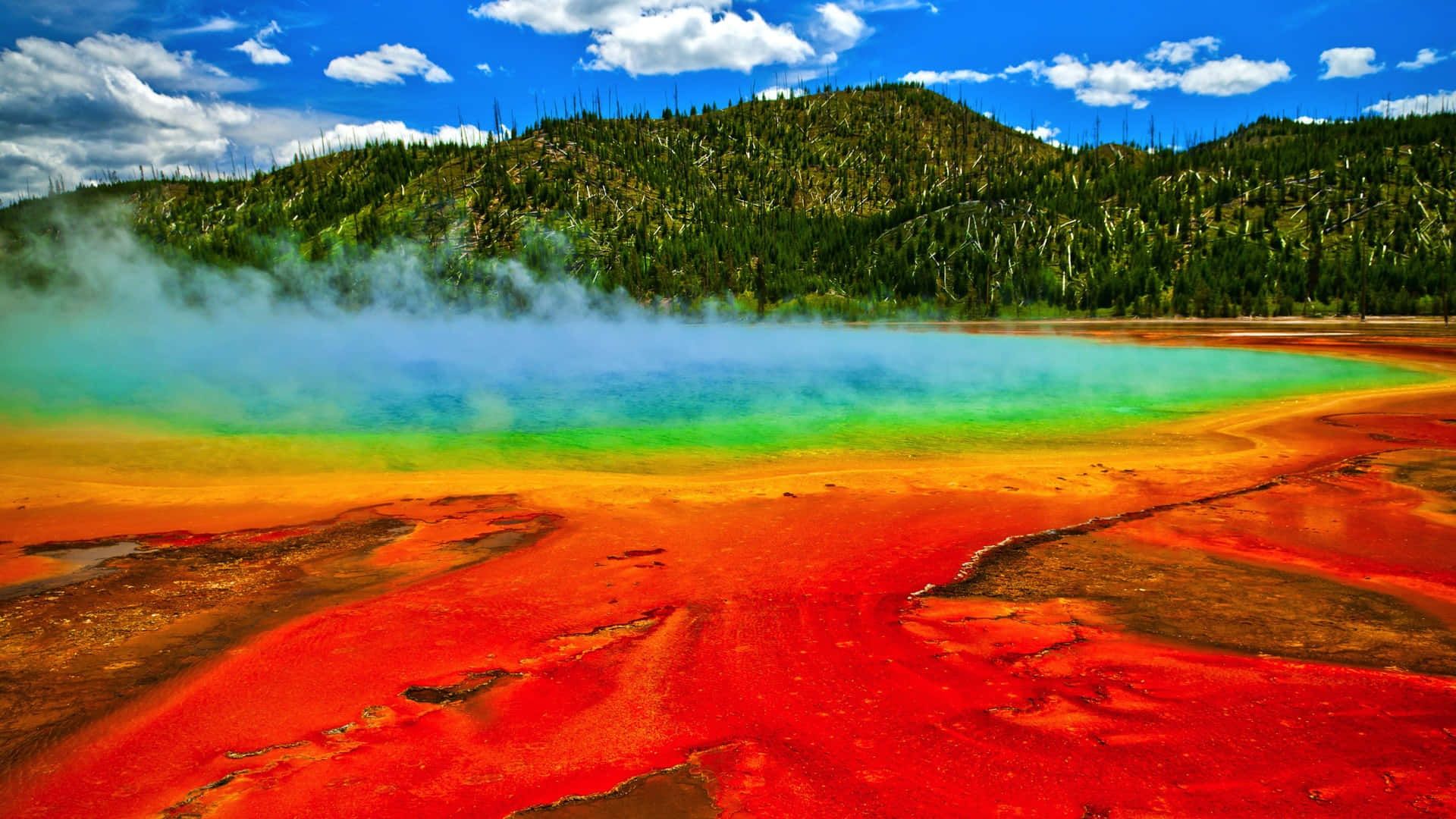 1920x1080 Download Yellowstone Red With Blue Grand Prismatic Spring Background