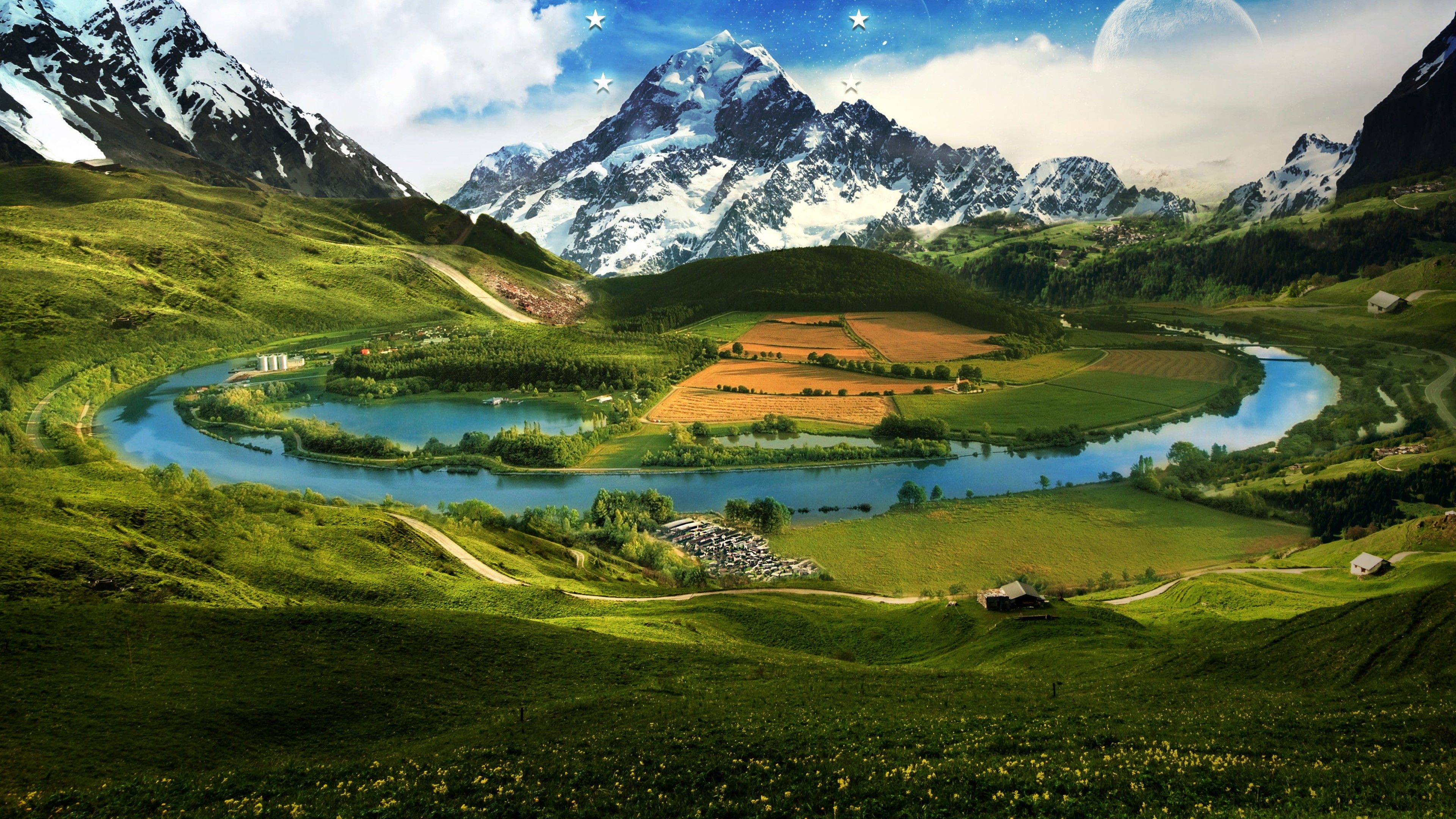 3840x2160 Landscape View Of White Covered Mountains River Between Green Grass Field Plants Scenery 4K HD Nature Wallpaper