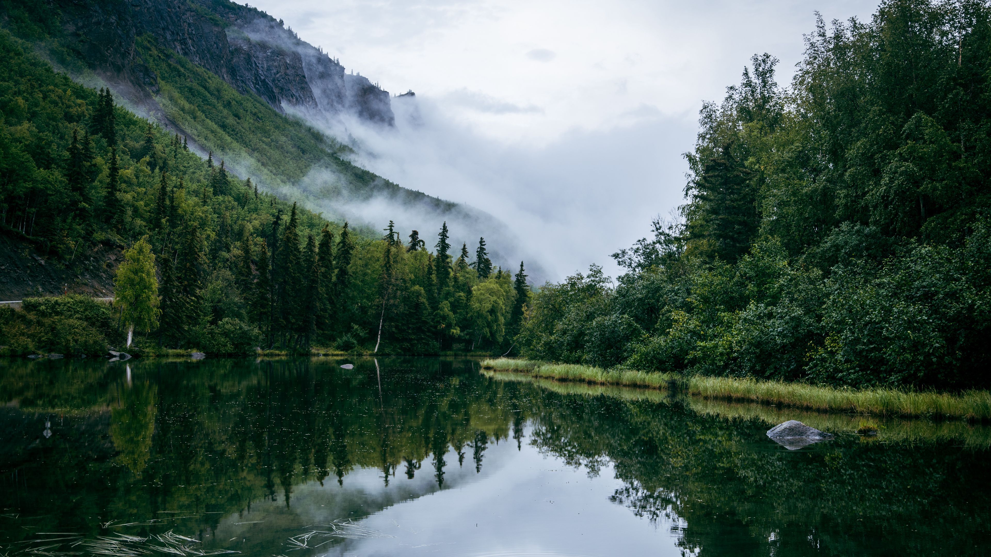 3840x2160 Landscape Pond Trees Clouds Mountains Reflection Water Landscape Wallpaper Background 4K HD Nature Wallpaper