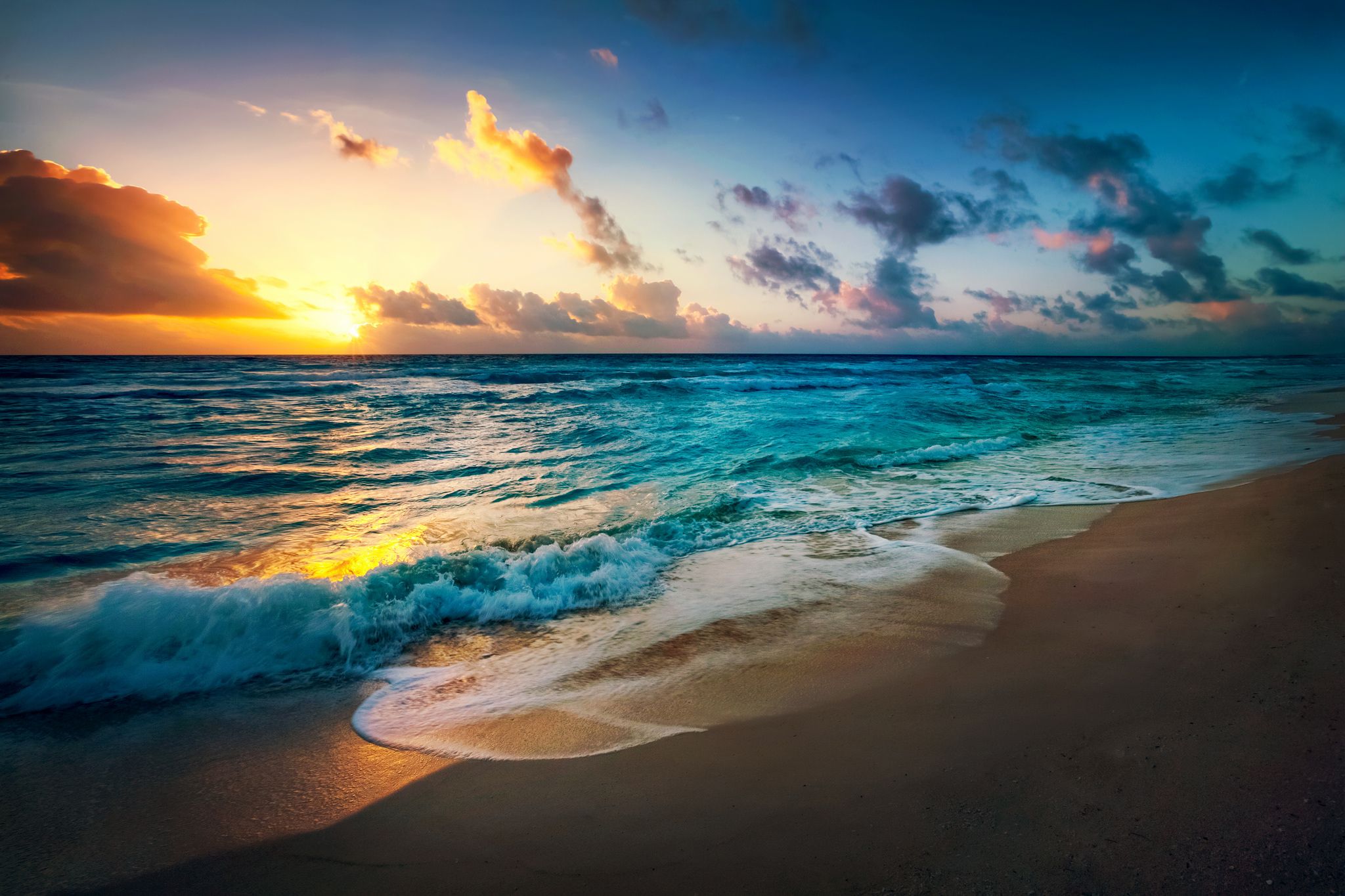 2048x1365 Wallpaper sand, sea, beach, the sky, the sun, landscape, sunset, nature for mobile and desktop, section пейзажи, resolution 2048x1365