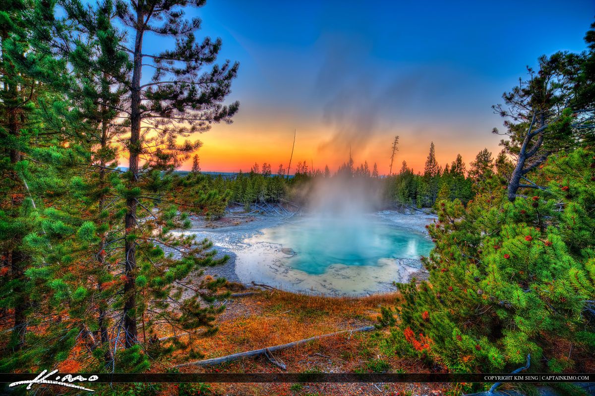 1200x799 Geyser at Yellowstone National Park During Colorful Sunset